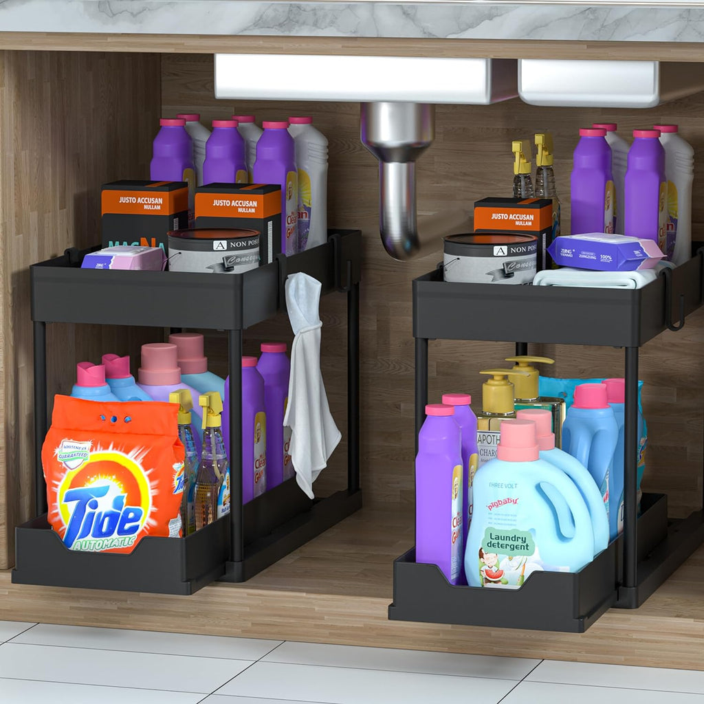 under Sink Storage 2 Pack, 2 Tier Sliding Organiser, Multi-Purpose Shelf Organiser, Pull Out Cabinet Basket Drawer (Black)