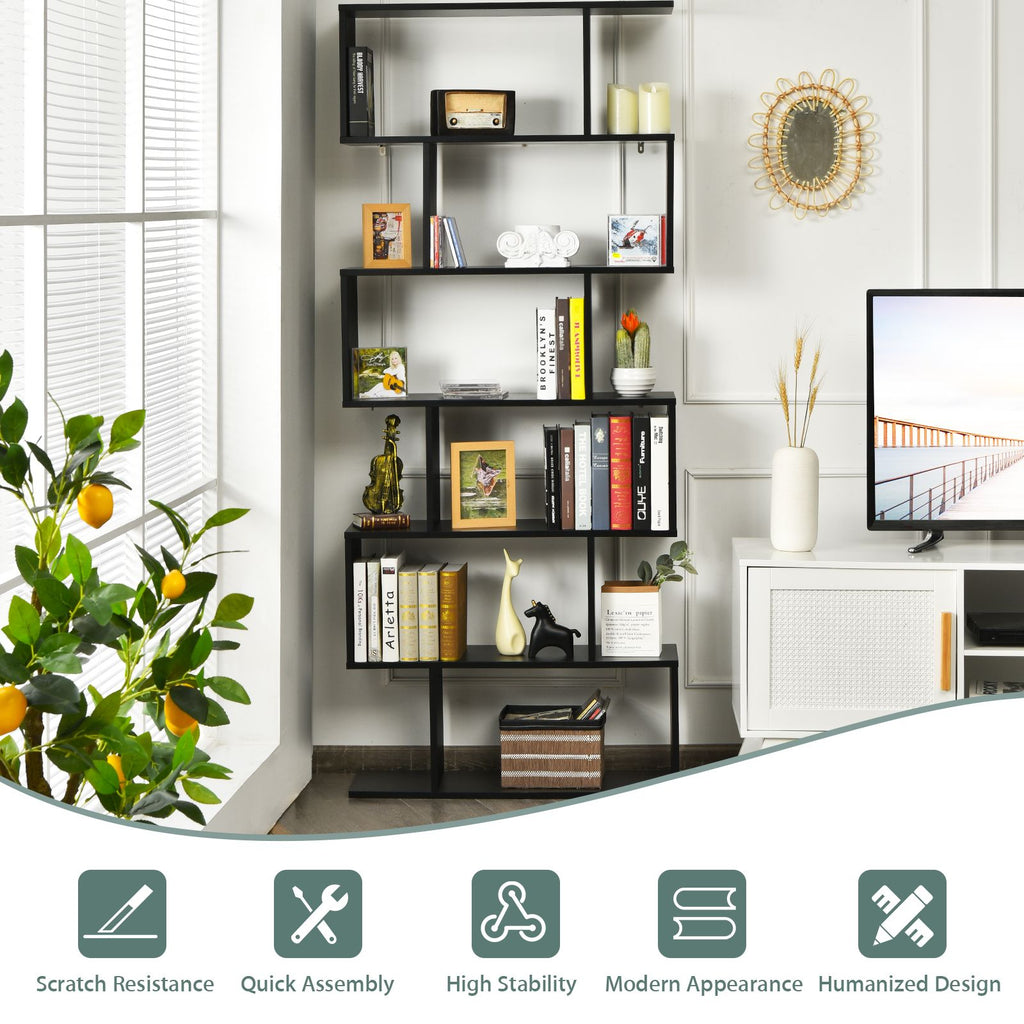 6-Tier S-Shaped Wooden Industrial Bookshelf