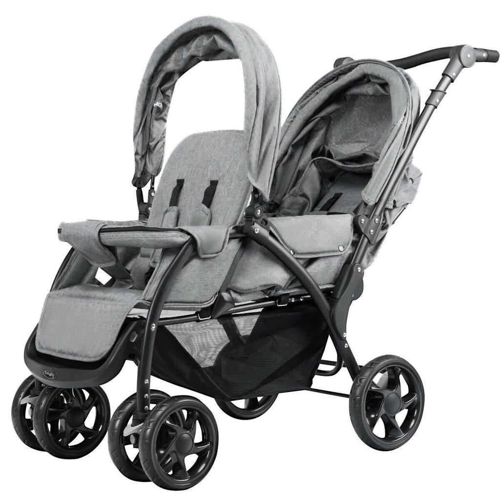 Double Pushchair with Adjustable Backrest and Sunshade