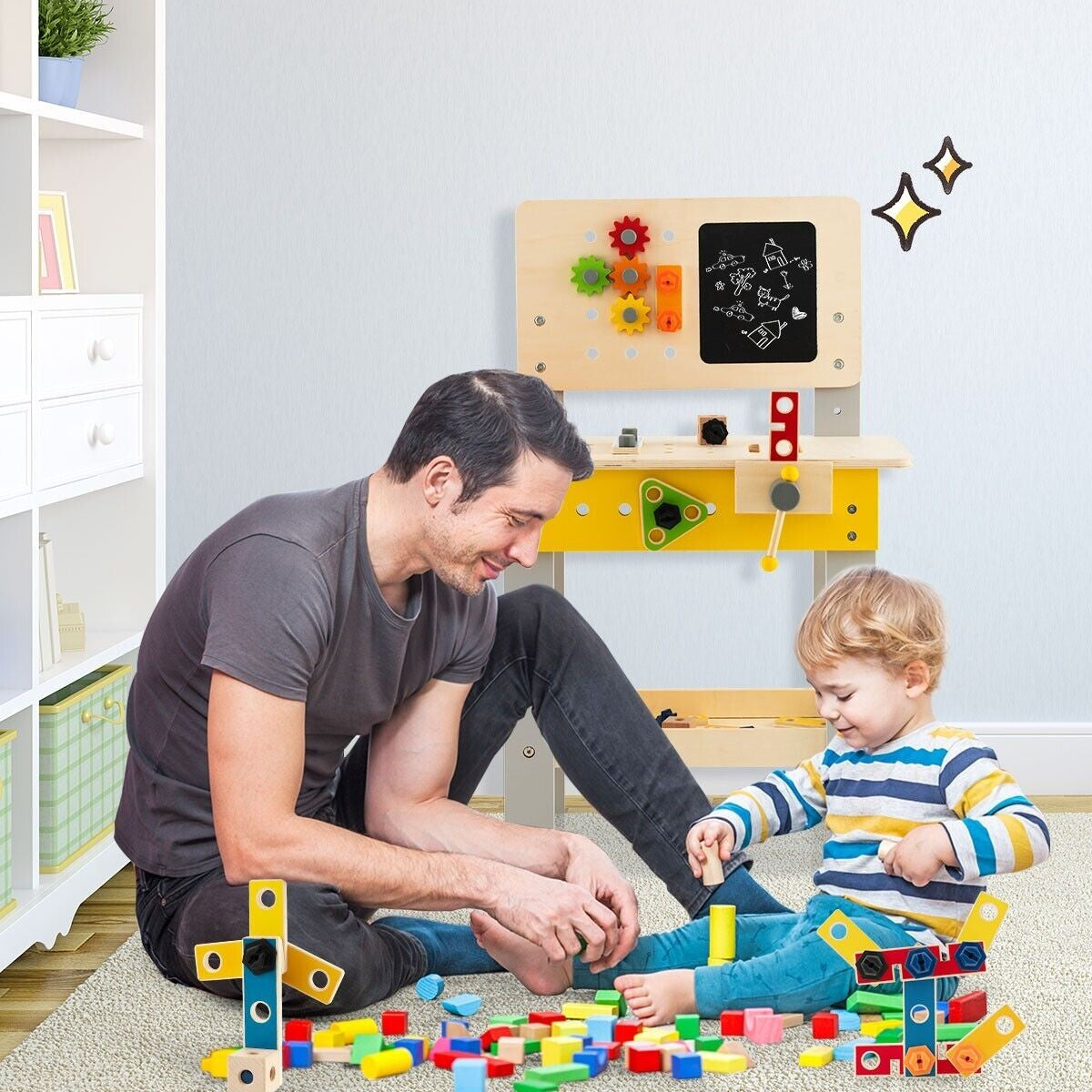 Kid’S Pretend Play Workbench Set Wooden Tool Work Bench Toy W/ Blackboard
