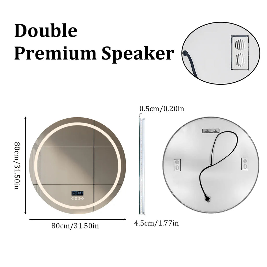 round Bathroom Mirror with Dual Bluetooth Speakers Anti-Fog Lighted Shower Vanity Mirror with Time Weather Display