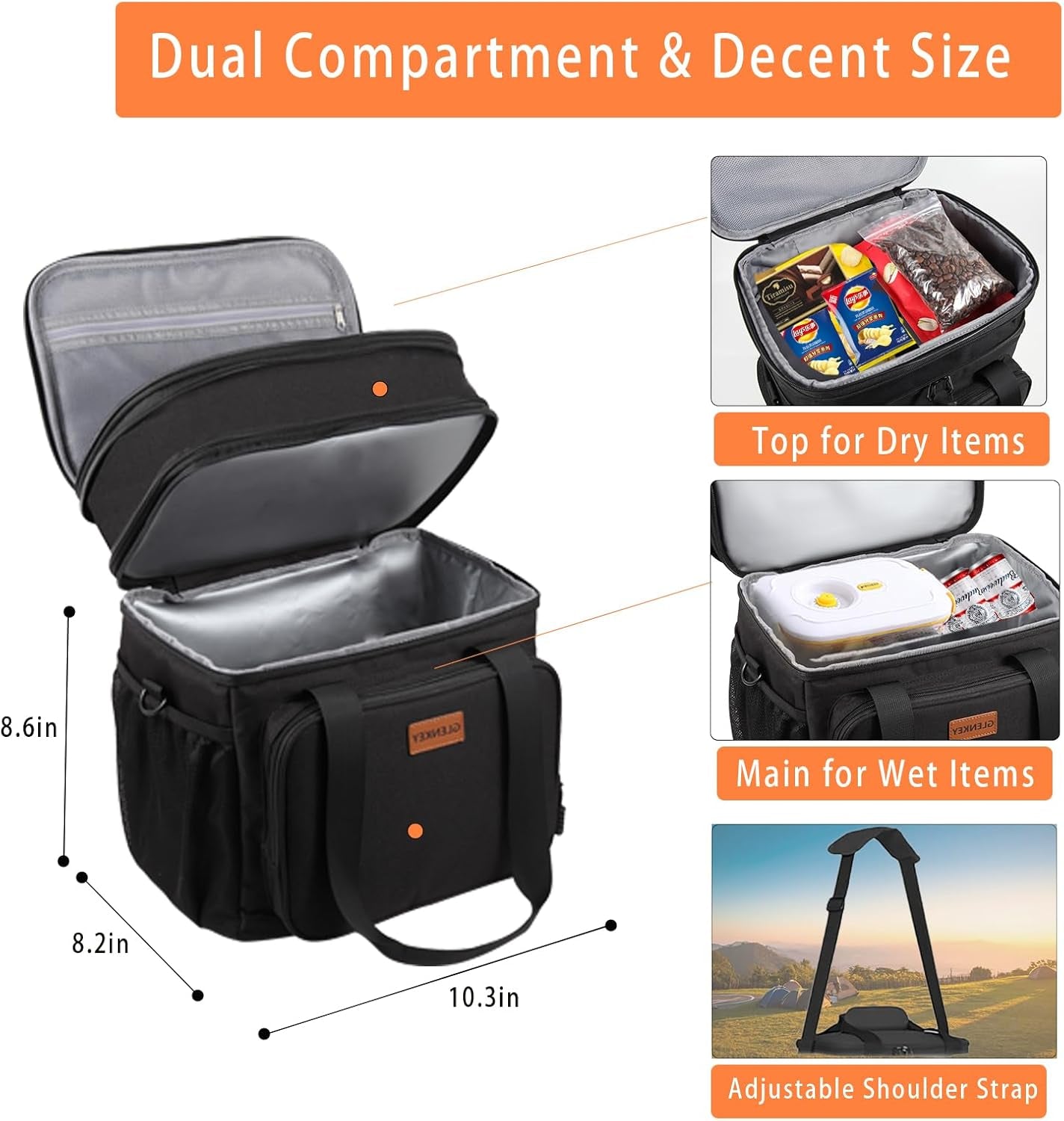 Expandable Insulated Large Lunch Box, Double Deck Heavy Duty Durable Lunch Bag Leakproof Cooler Bags for Men Women Adults Work Shift Flight Beach Daytrip, 20 Can, Black,