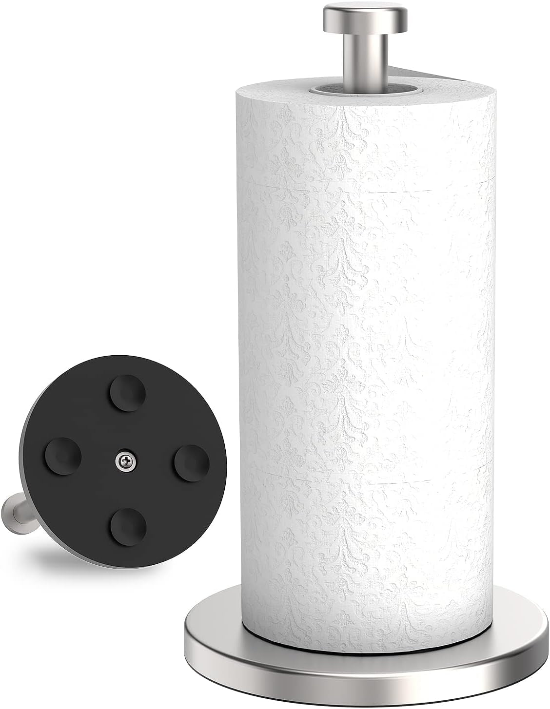 Kitchen Roll Holder Free Standing, Stainless Steel Paper Towel Holder with Suction Cups, Waterproof and Rustproof Kitchen Towel Holder, Suit for Cook House, Bathroom,Outdoor(Silver)