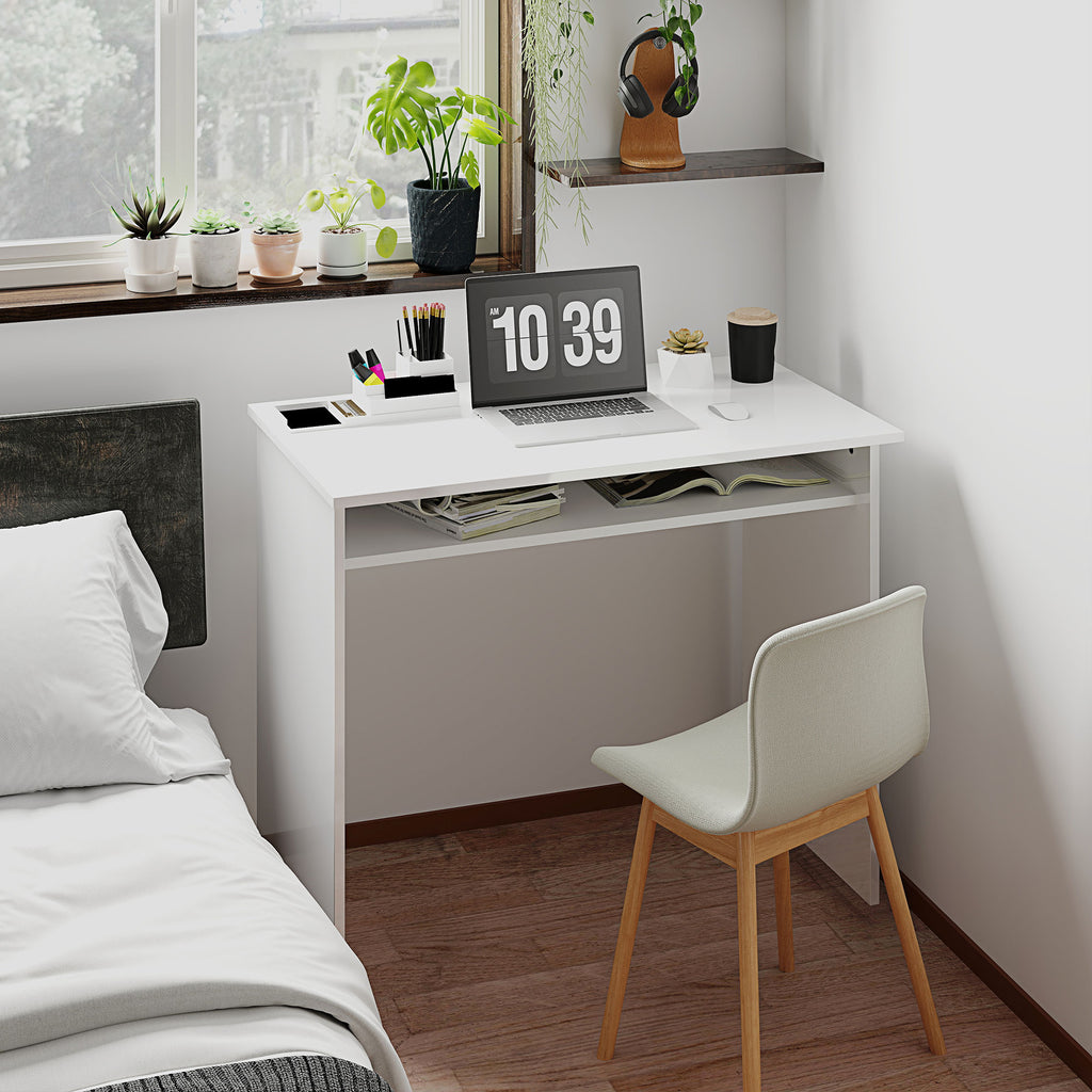Writing Desk Laptop Table Workstation with Shelf Home Office High Gloss White