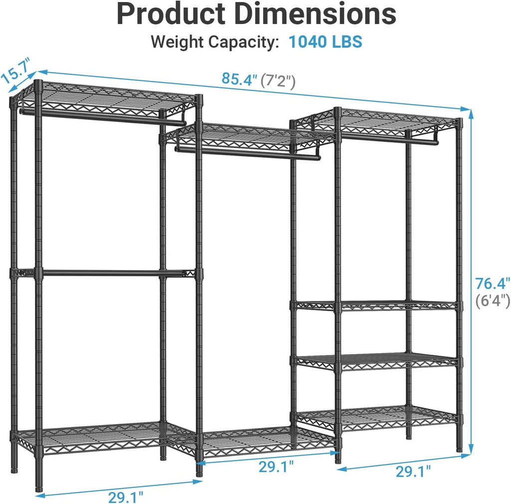 V5 plus Large Portable Wardrobe Rack Freestanding Wardrobe, Multifunctional Clothes Rack, Heavy Duty Metal Clothes Rack for Hanging Clothes, 85 X 15.7 Inch W X 76 H, Black