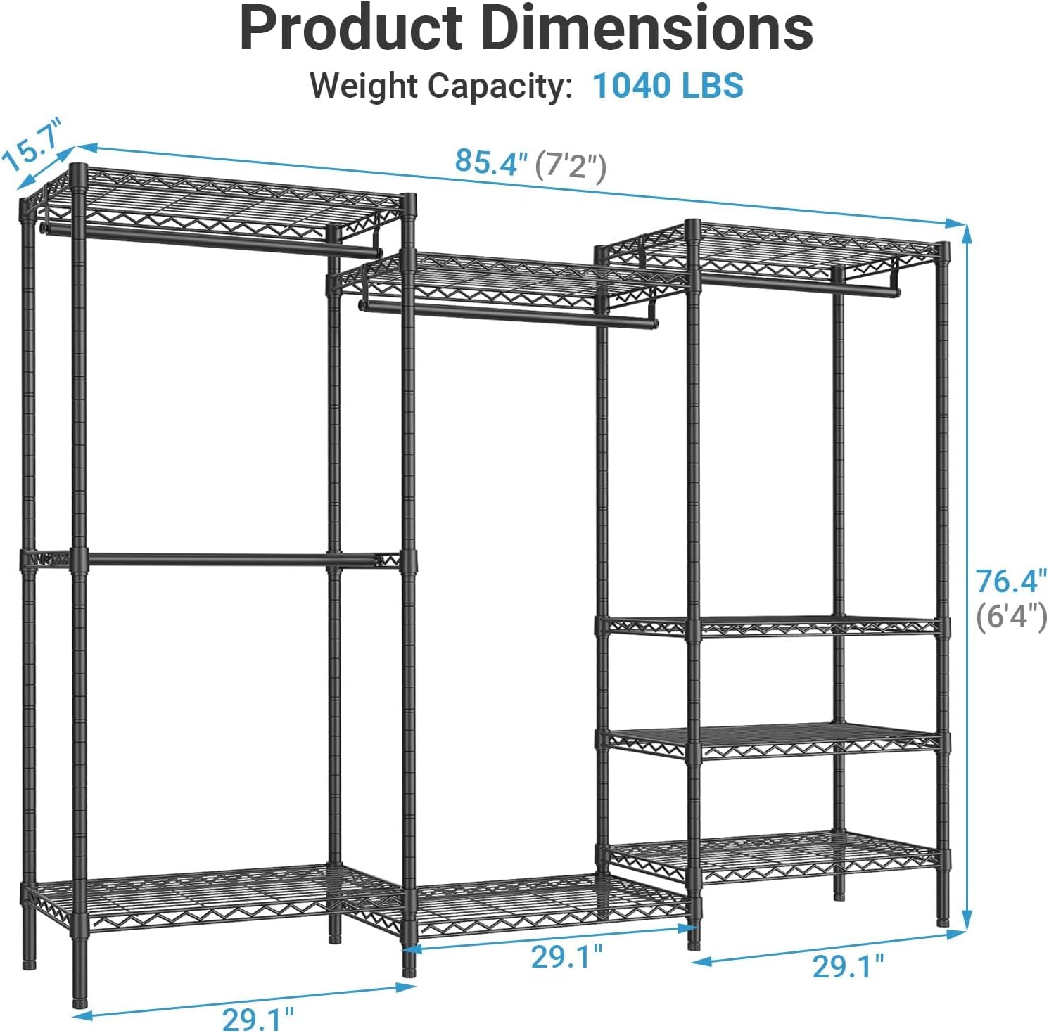 V5 plus Large Portable Wardrobe Rack Freestanding Wardrobe, Multifunctional Clothes Rack, Heavy Duty Metal Clothes Rack for Hanging Clothes, 85 X 15.7 Inch W X 76 H, Black