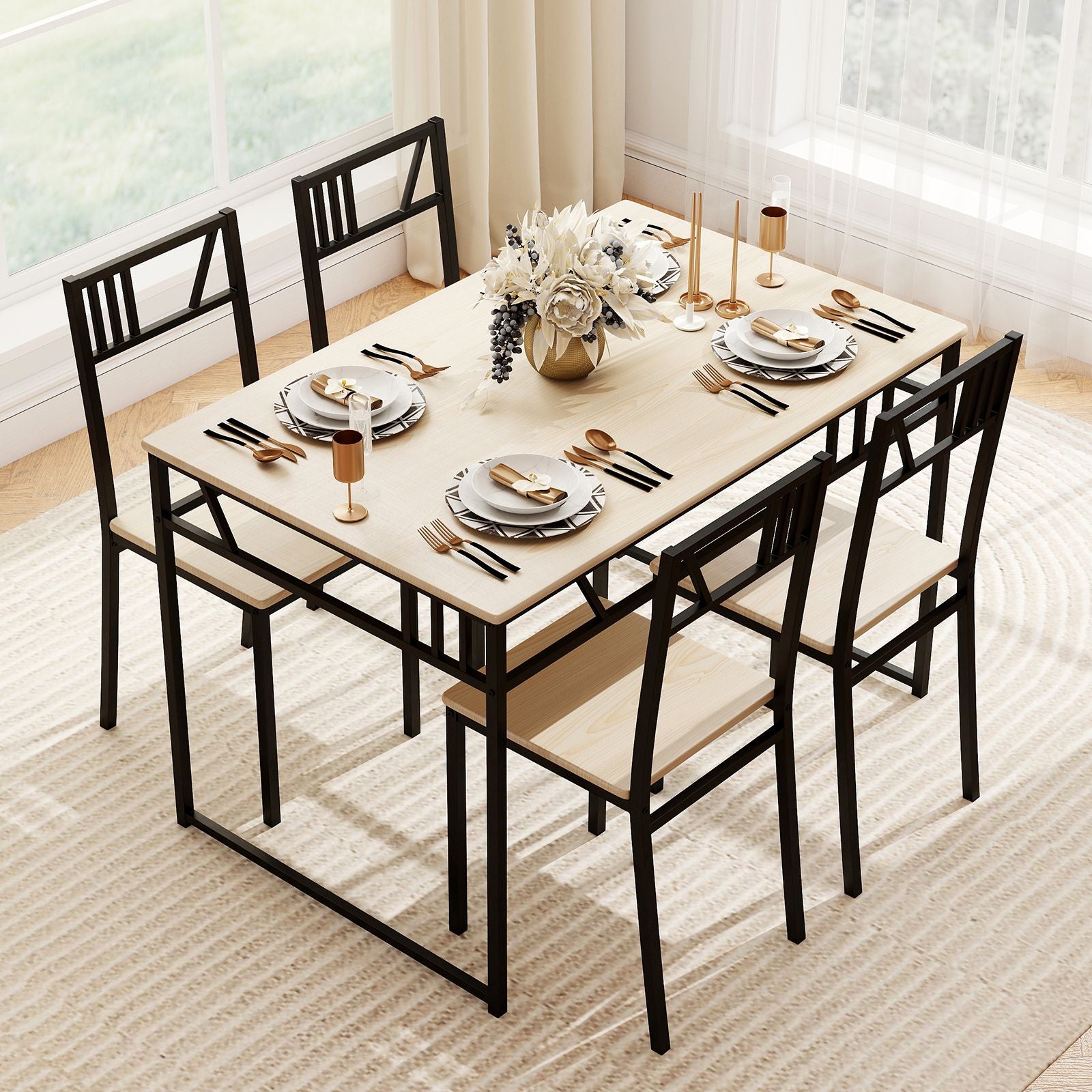 Industrial-Style Kitchen Table and 4 Chairs with Wood like Tabletop and Metal Frame