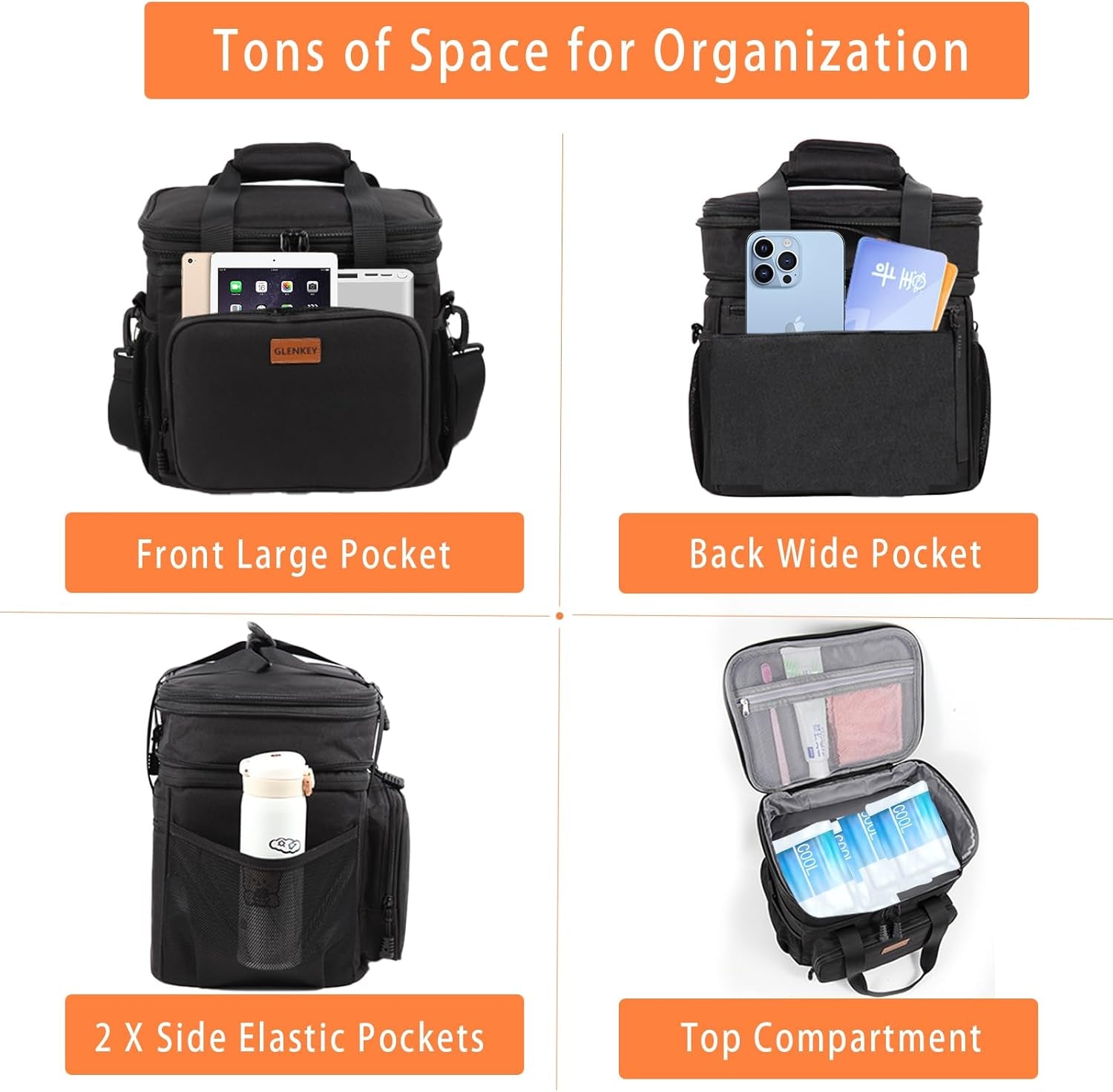 Expandable Insulated Large Lunch Box, Double Deck Heavy Duty Durable Lunch Bag Leakproof Cooler Bags for Men Women Adults Work Shift Flight Beach Daytrip, 20 Can, Black,