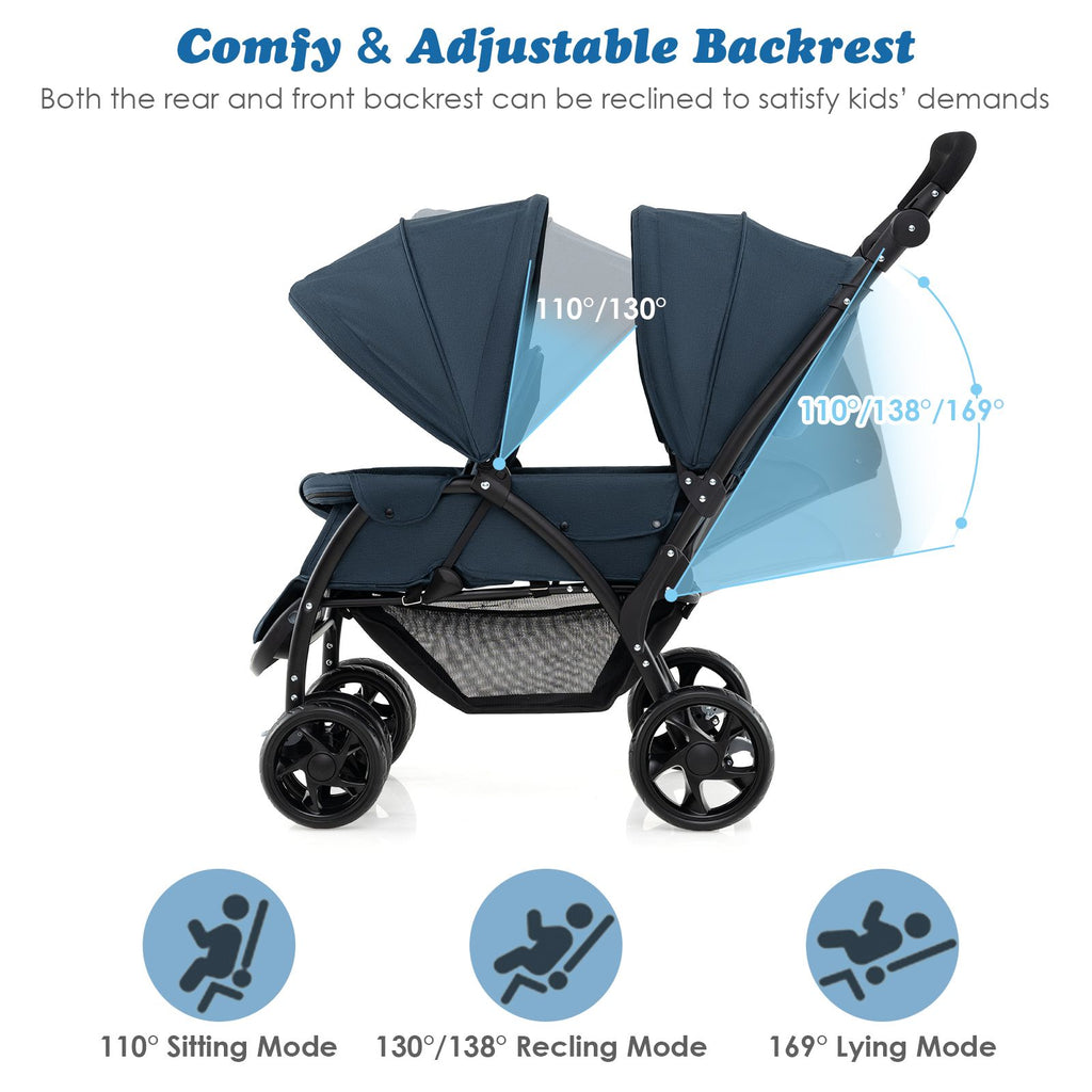 Double Pushchair with Adjustable Backrest and Sunshade