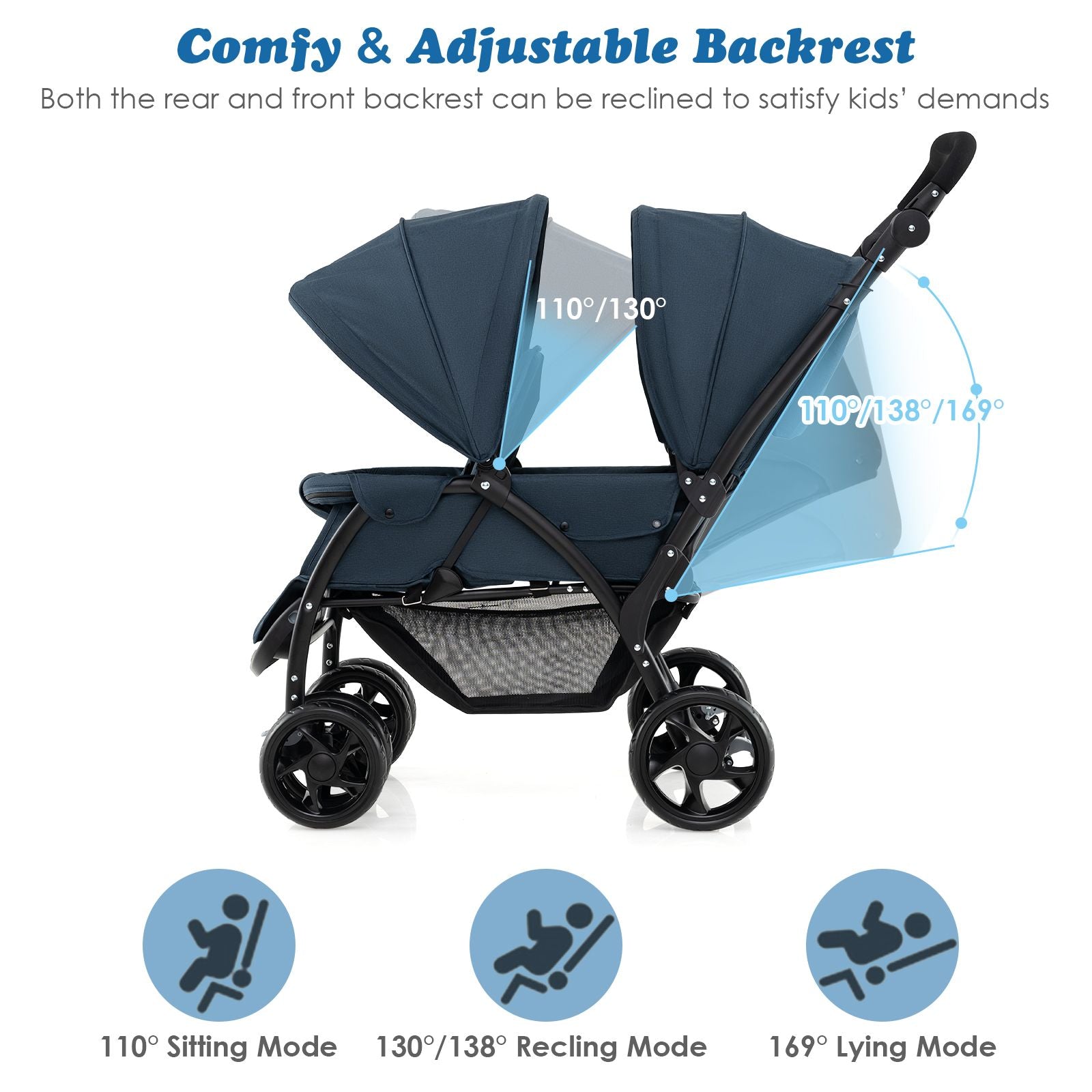 Double Pushchair with Adjustable Backrest and Sunshade