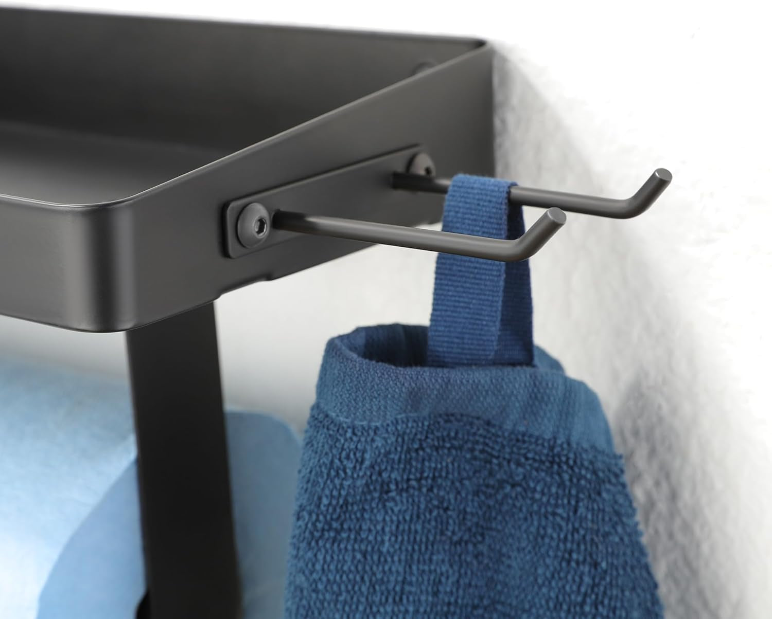 Garage Paper Towel Holder with Shelf - Paper Towel Holder Wall Mount, Garage Organization and Storage, Stainless Steel Paper Towel Rack with Hooks for Kitchen (Black)
