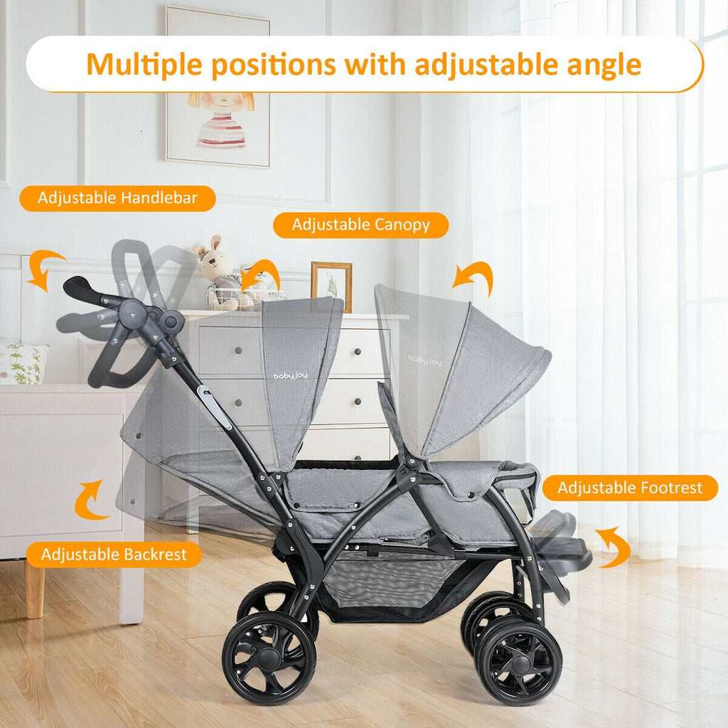 Double Pushchair with Adjustable Backrest and Sunshade