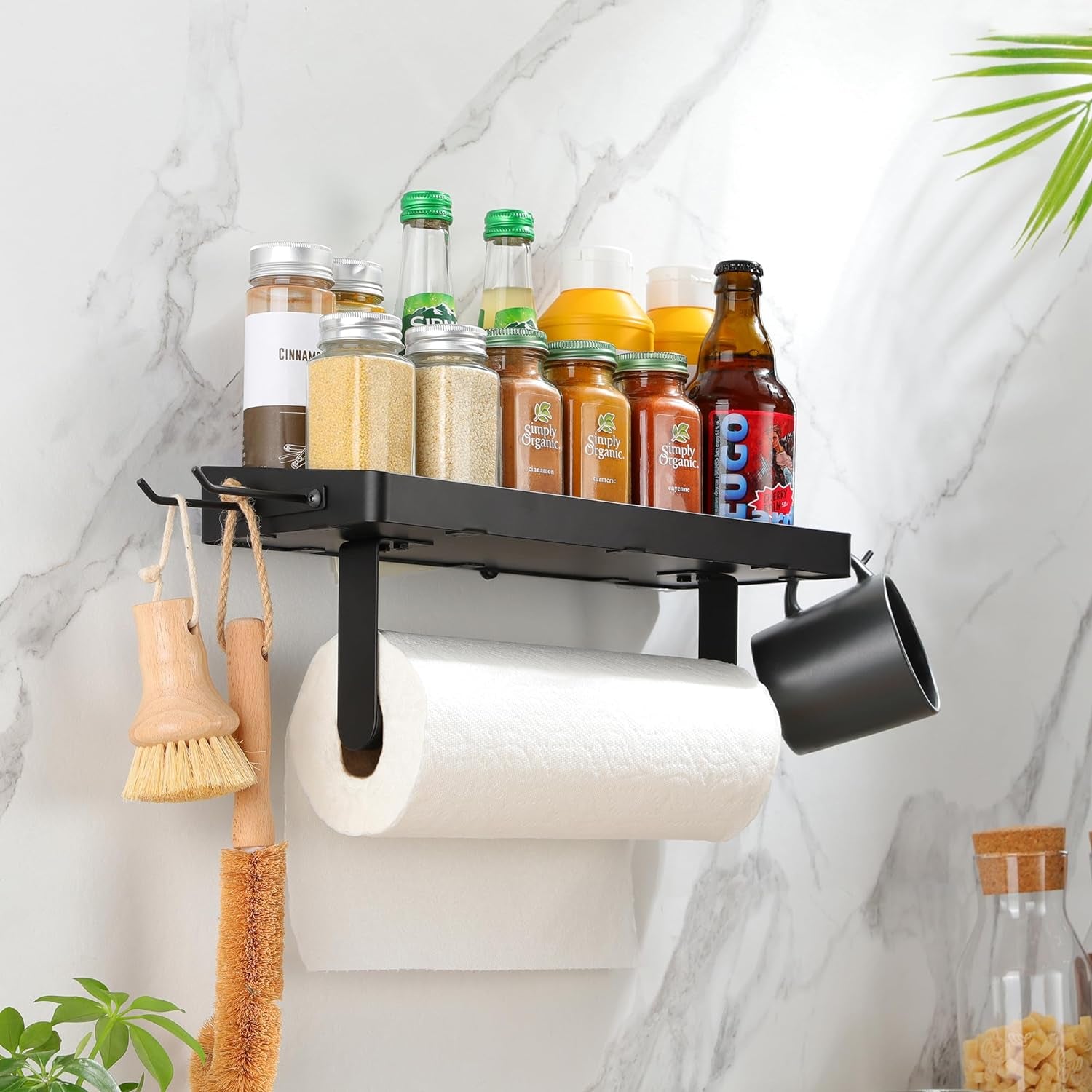 Garage Paper Towel Holder with Shelf - Paper Towel Holder Wall Mount, Garage Organization and Storage, Stainless Steel Paper Towel Rack with Hooks for Kitchen (Black)