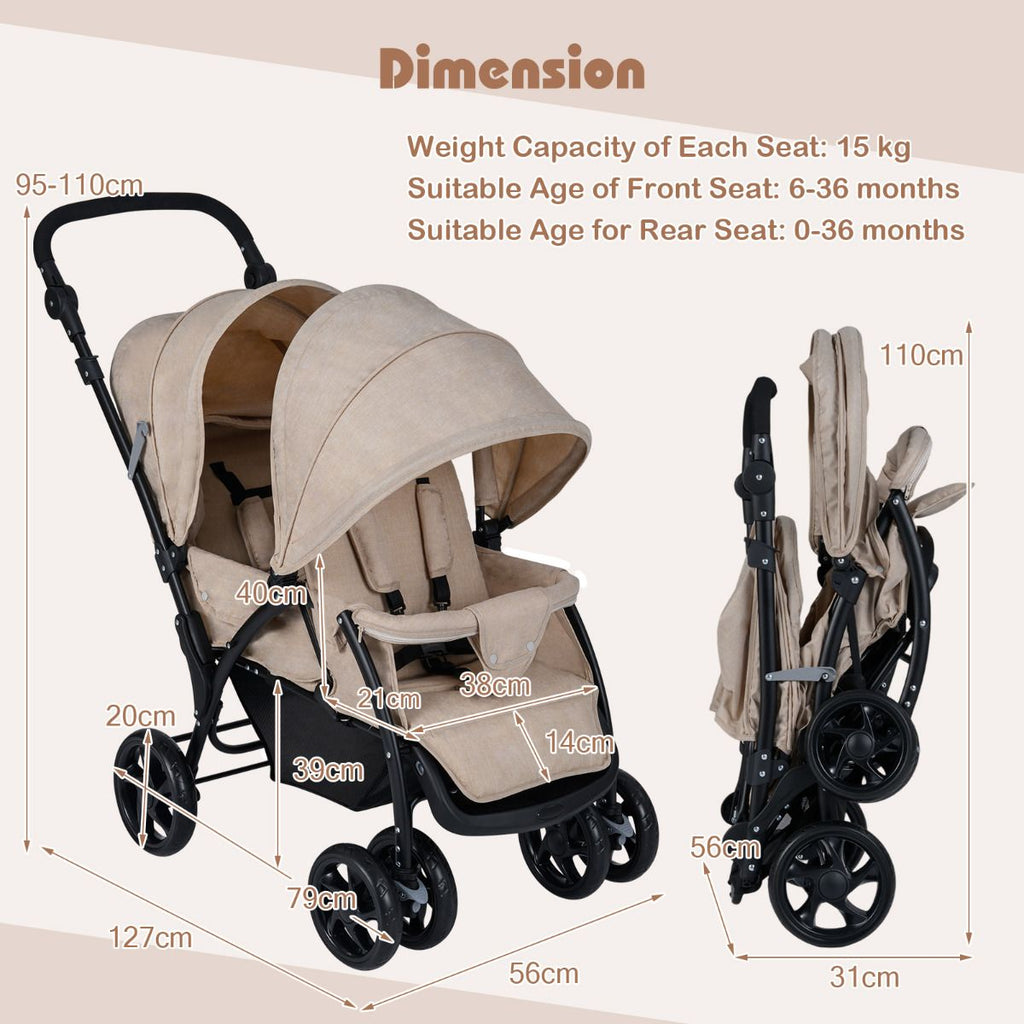 Double Pushchair with Adjustable Backrest and Sunshade