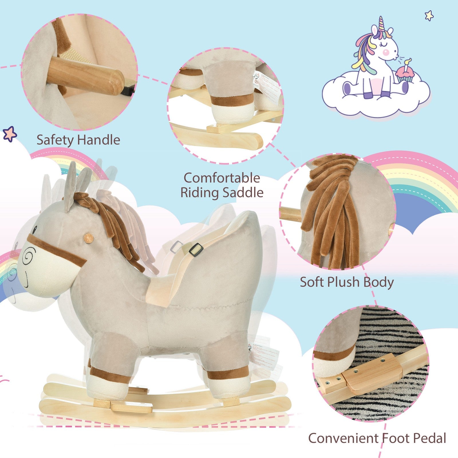 HOMCOM Cute Kids Ride-On Rocking Donkey W/ Sound Handlebars Seat Belt Plush Body