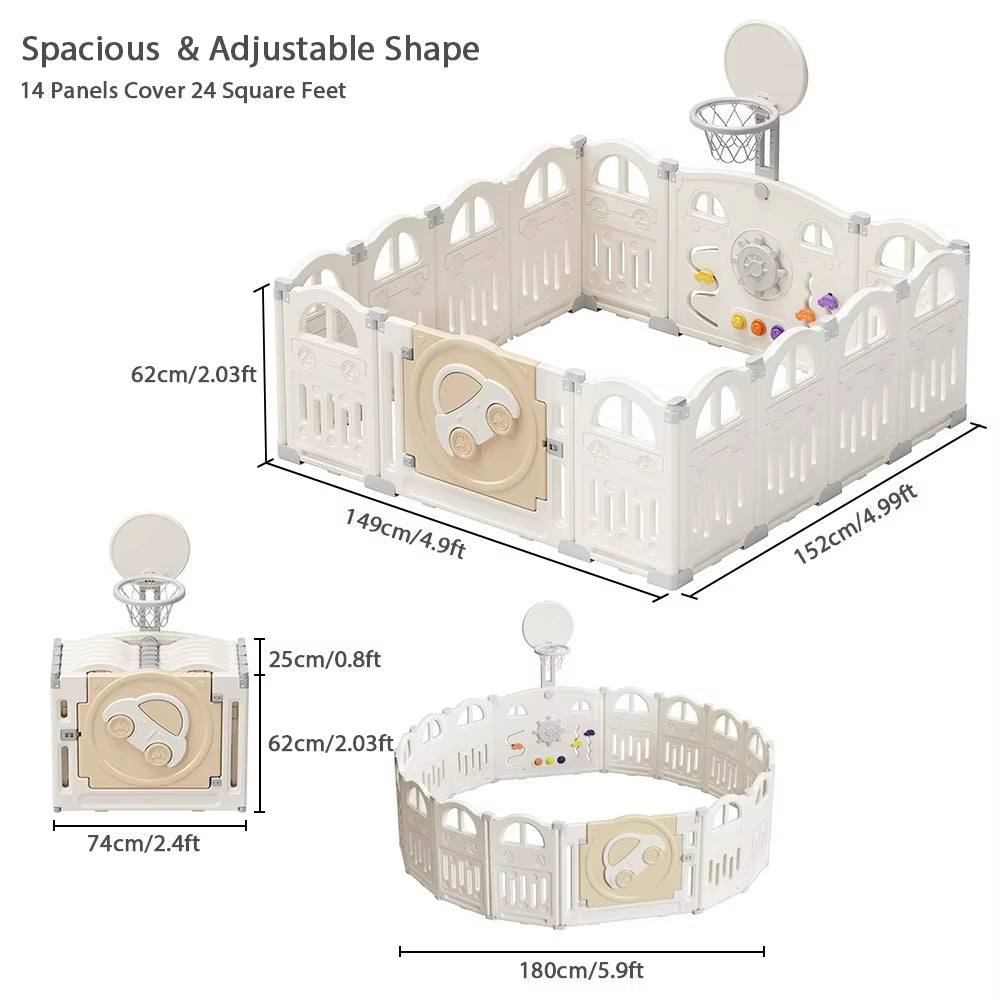 Foldable Baby Playpen with Basketball Hoop & 50Pcs Coloured Pit Balls, Toddler and Baby Play Pen Fence, 14-Panel