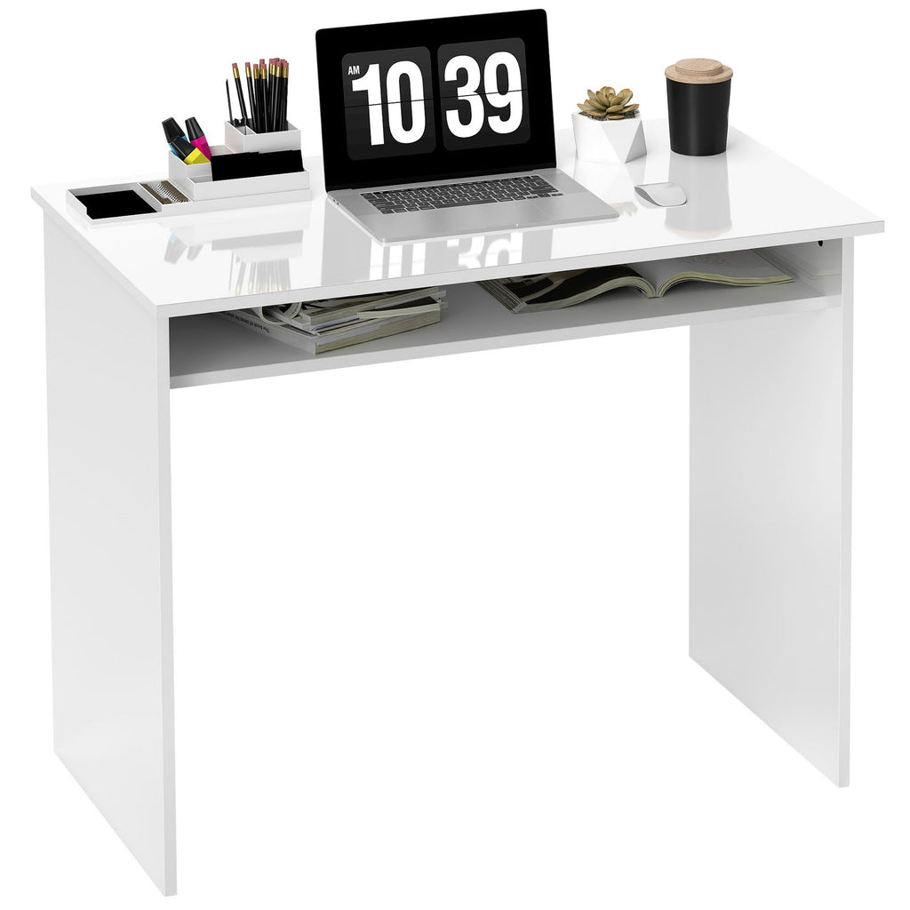 Writing Desk Laptop Table Workstation with Shelf Home Office High Gloss White