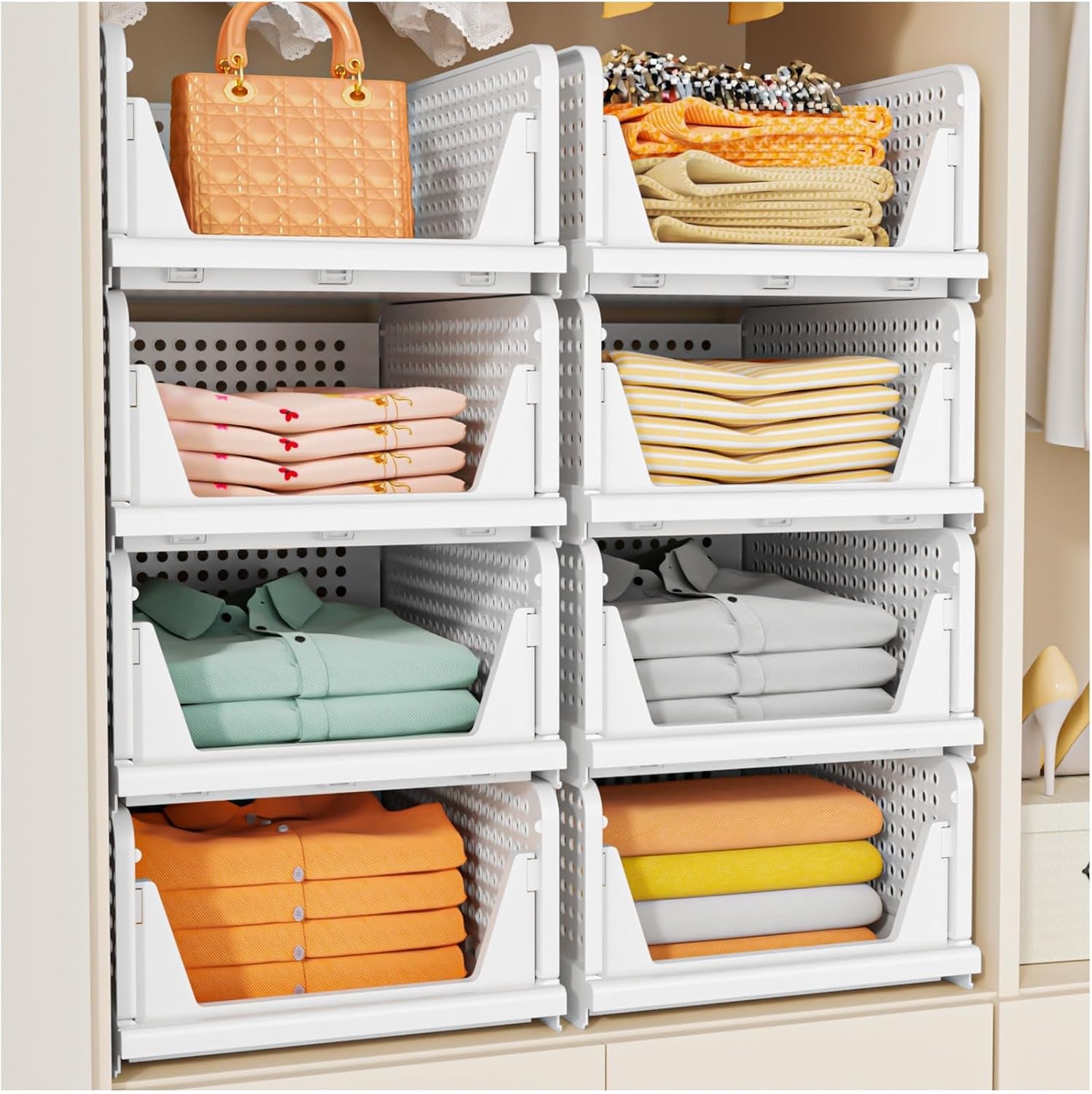 5 Pack Wardrobe Storage Organiser, Stackable & Foldable Closet Organisers for Bedroom Bathroom Laundry Room Wardrobe Storage, Space-Saving Clothes Storage Drawer Organiser Basket, White