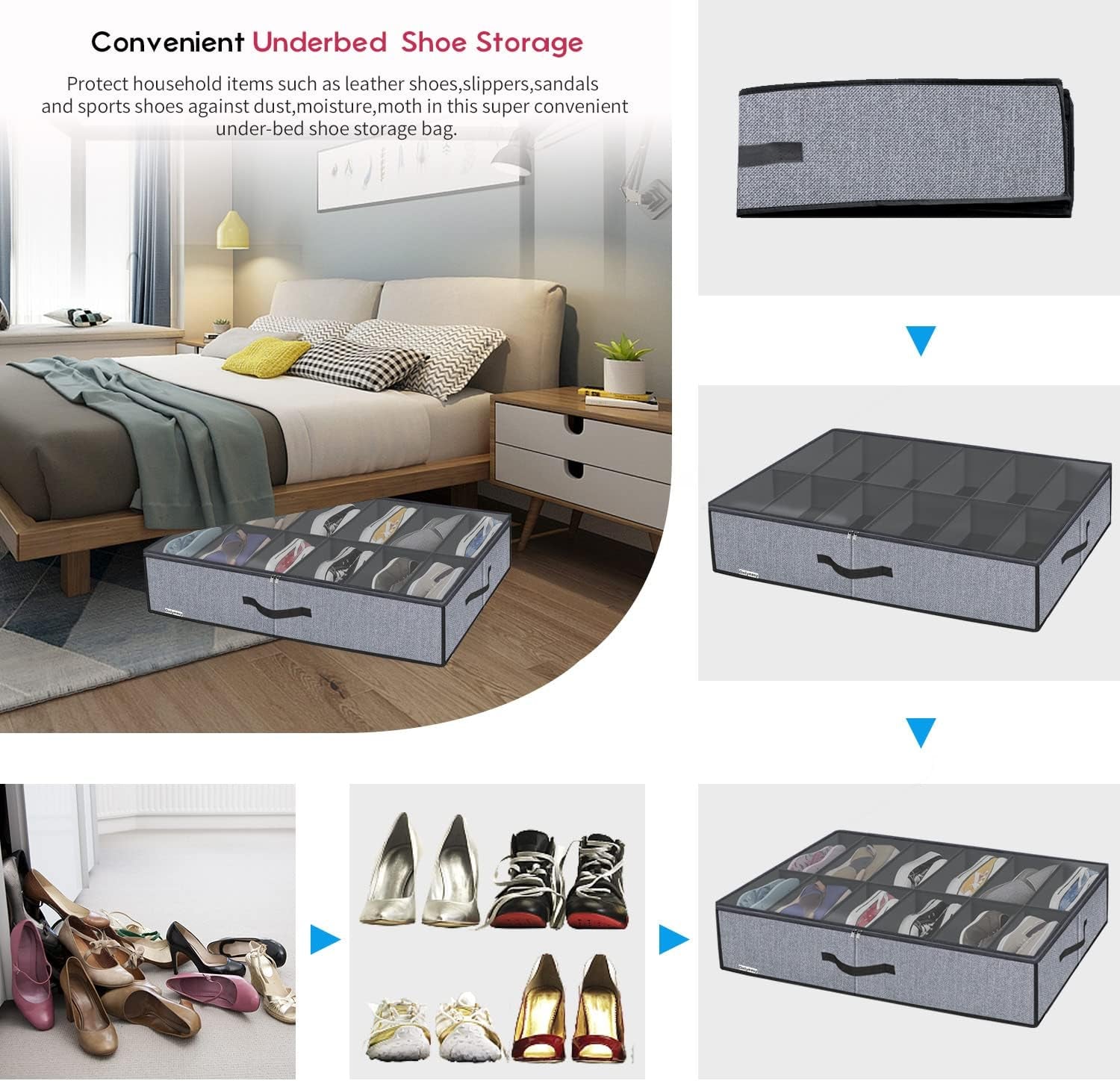 Large under Bed Shoe Organizer (6 to 12 Pairs X 2) - Underbed Shoes Closet Storage Solution with Metal Zipper and 2 Handles, Breathable, 29.3"X23.6"X5.9", Linen-Like Grey, MXDUBSB2P