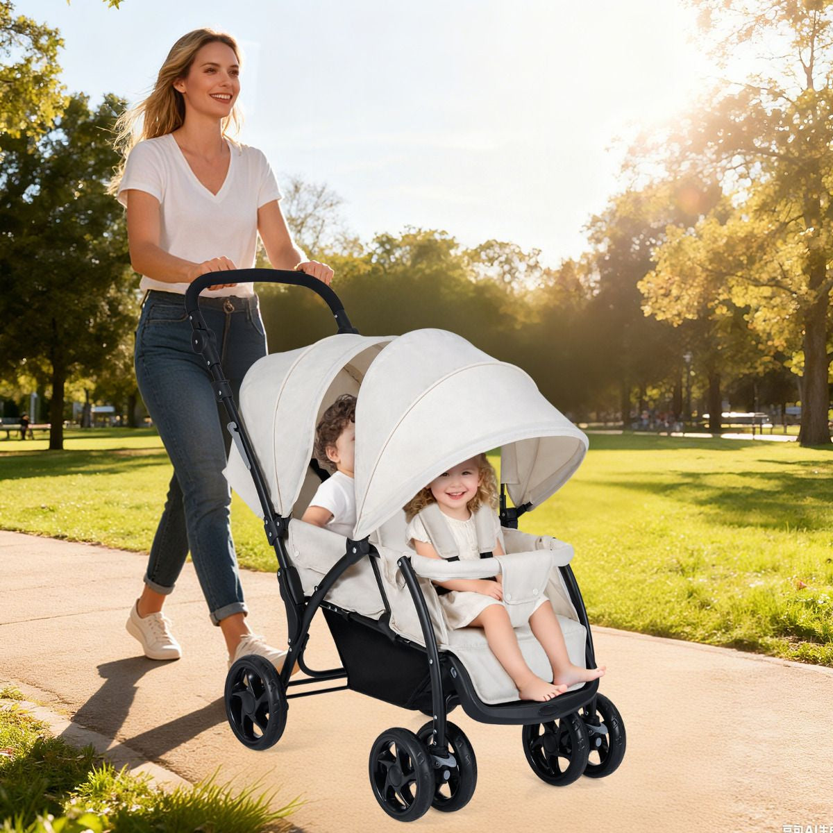 Double Pushchair with Adjustable Backrest and Sunshade