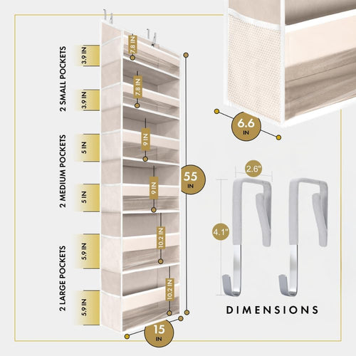 1 PC Heavy Duty over the Door Organizer 55X14X6.7, 6 Large Front & 12 Side Pockets, Hanging Storage Closet Door Organizer for Bedroom, Bathroom and Baby Nursery Storage (Ivory)