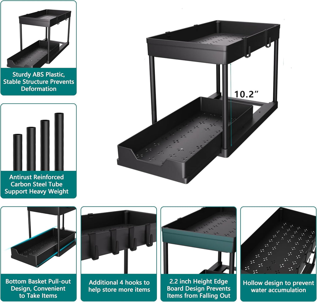 under Sink Storage 2 Pack, 2 Tier Sliding Organiser, Multi-Purpose Shelf Organiser, Pull Out Cabinet Basket Drawer (Black)