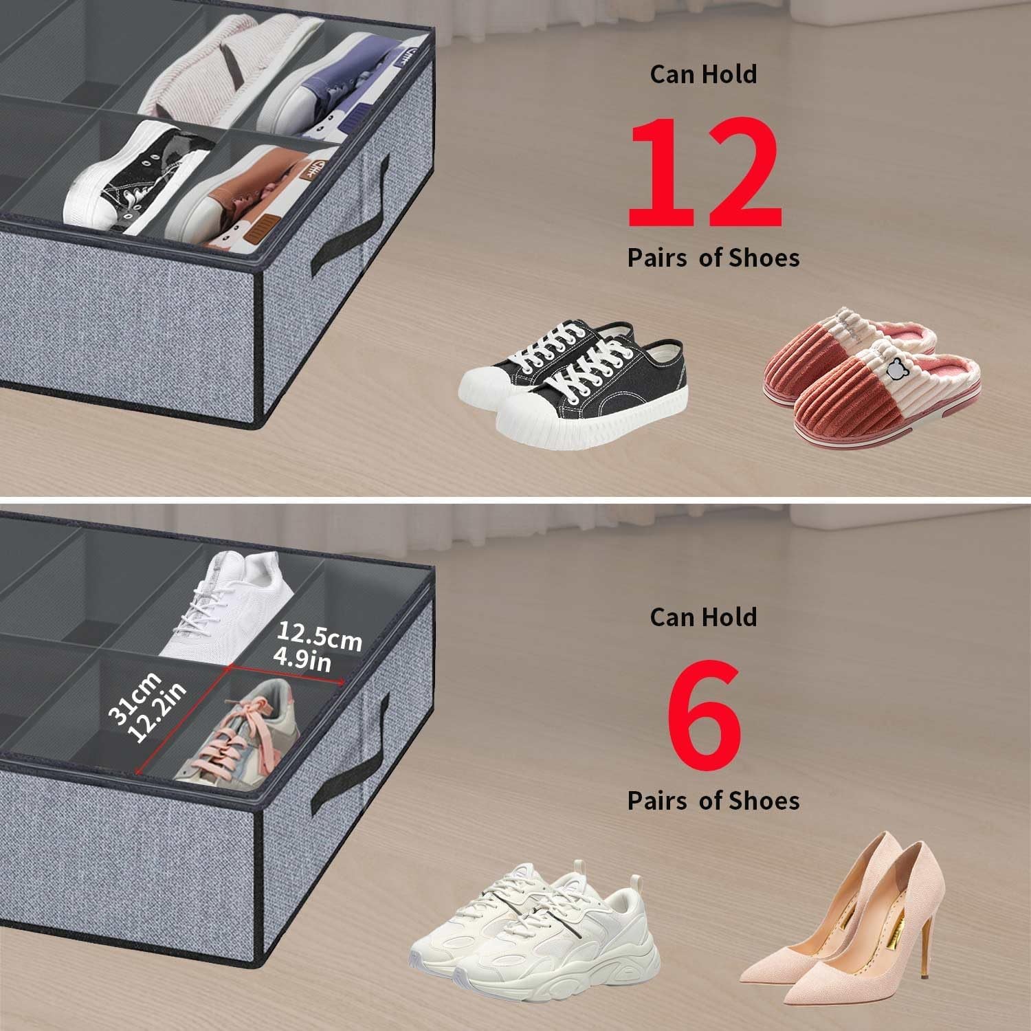 Large under Bed Shoe Organizer (6 to 12 Pairs X 2) - Underbed Shoes Closet Storage Solution with Metal Zipper and 2 Handles, Breathable, 29.3"X23.6"X5.9", Linen-Like Grey, MXDUBSB2P
