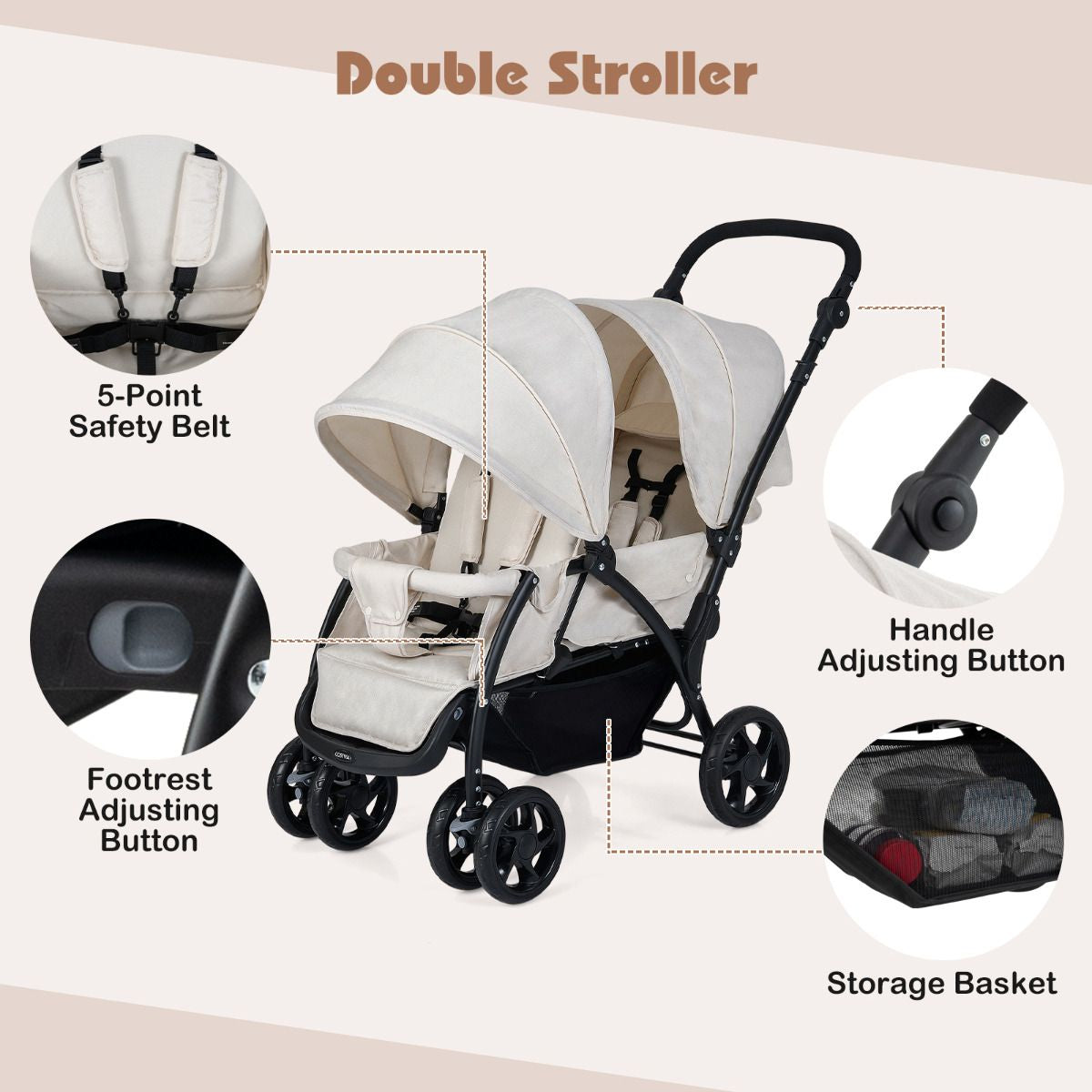 Double Pushchair with Adjustable Backrest and Sunshade
