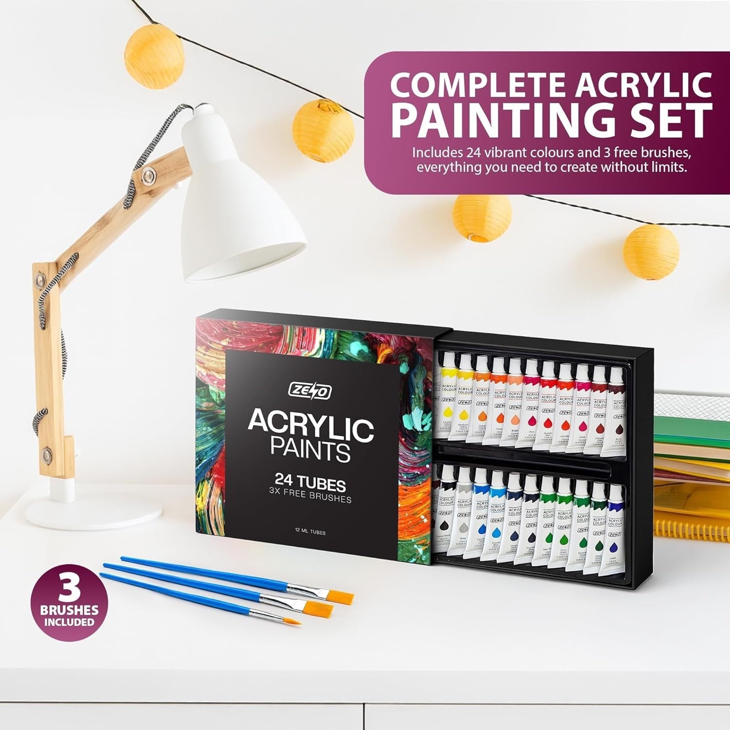 ACRYLIC PAINT SET TUBE 24 X 12ML, 3 FREE BRUSHES PERFECT for CANVAS WOOD CERAMIC