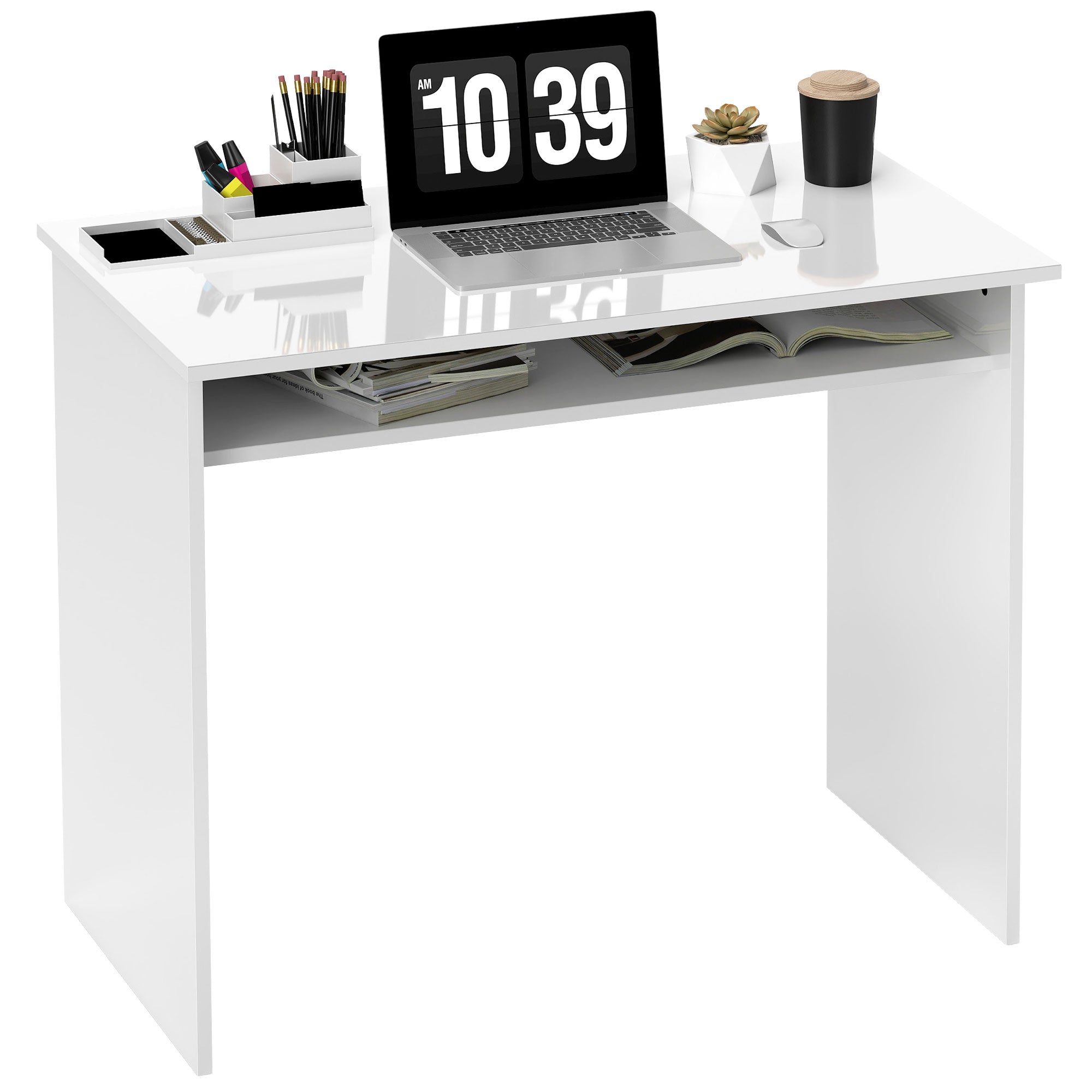 Writing Desk Laptop Table Workstation with Shelf Home Office High Gloss White