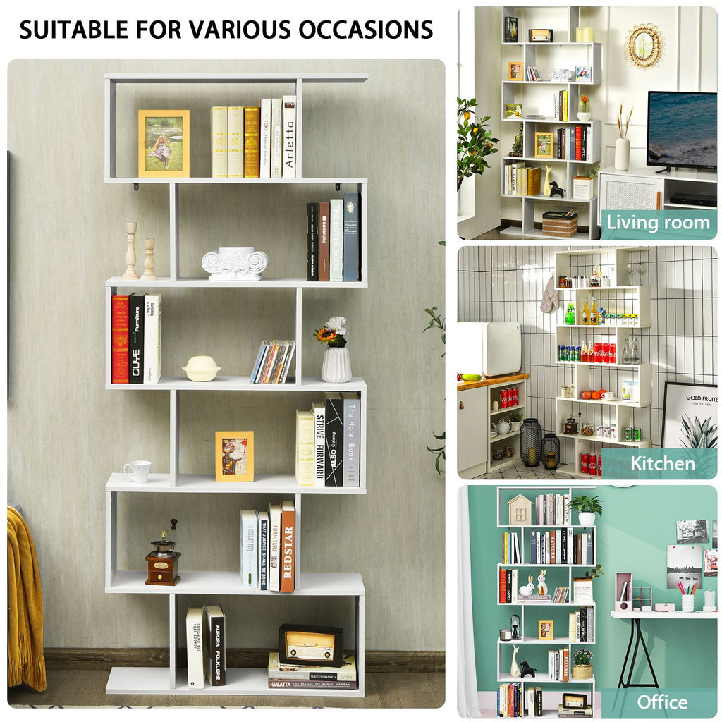 6-Tier S-Shaped Wooden Industrial Bookshelf