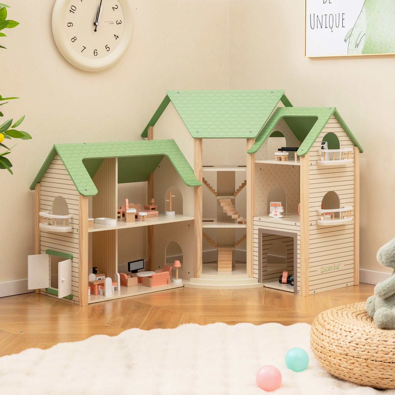 Wooden Dollhouse with 36 Pieces Accessories for Kids