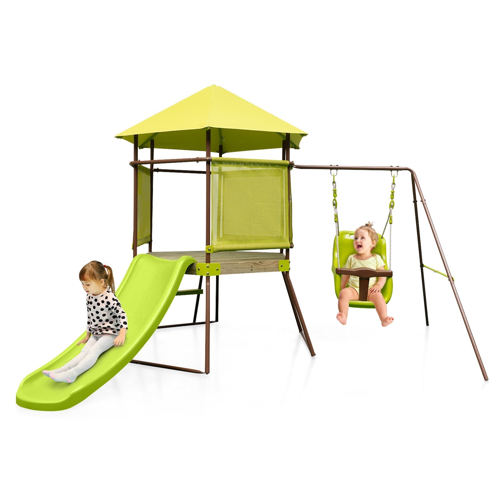 4-In-1 Swing Set with Height Adjustable Baby Seat, Metal Stand and Ground Stakes