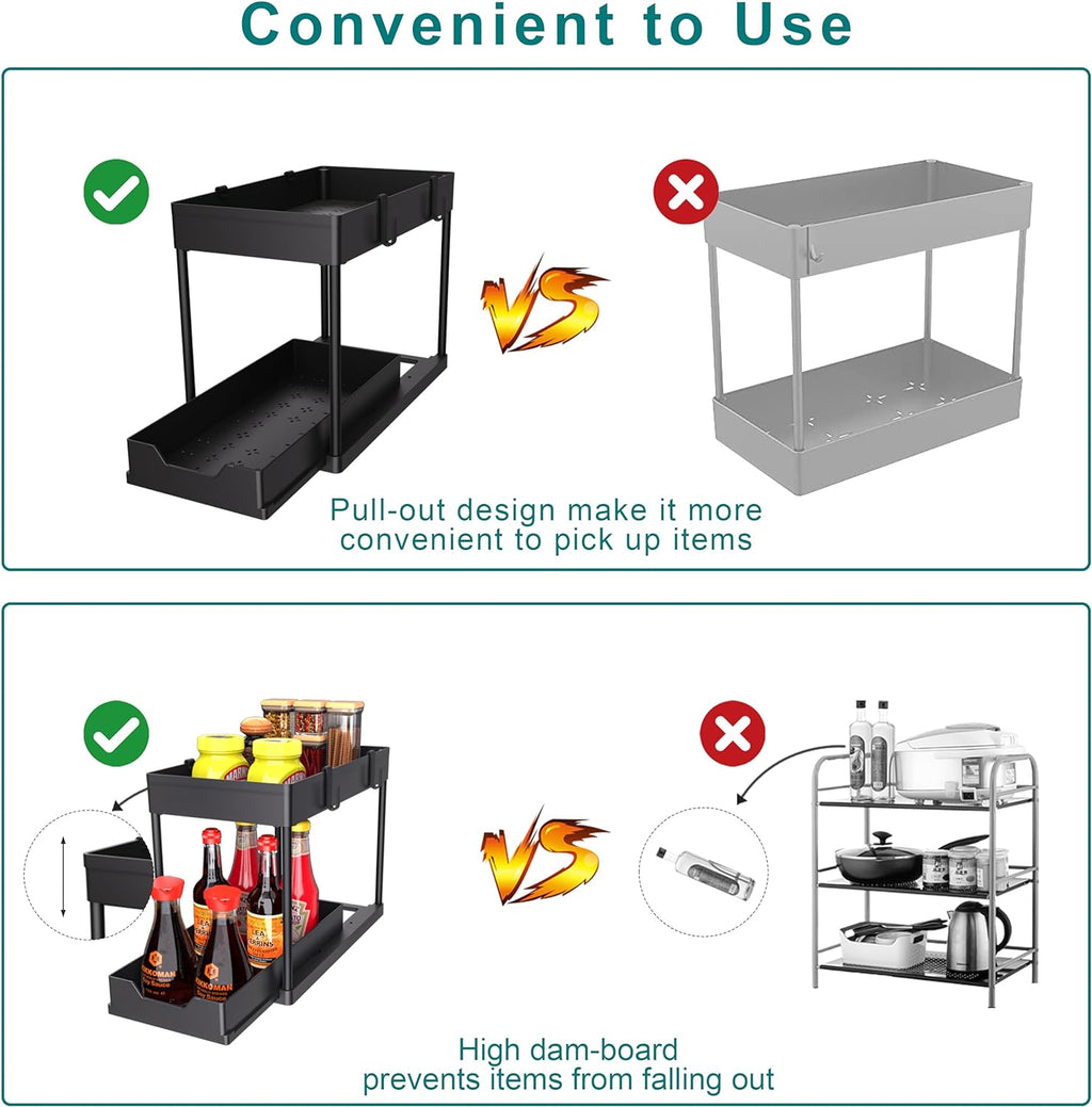 under Sink Storage 2 Pack, 2 Tier Sliding Organiser, Multi-Purpose Shelf Organiser, Pull Out Cabinet Basket Drawer (Black)