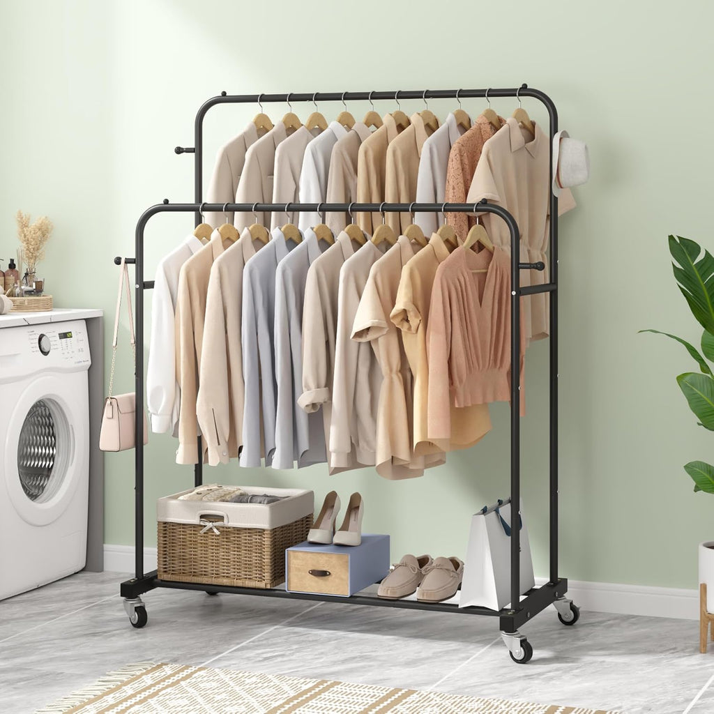 Double Rods Garment Rack with Wheels, Black, 4 Hooks, Multi-Functional Bedroom Clothes Rack, Portable, Modern, Metal, Require Assembly