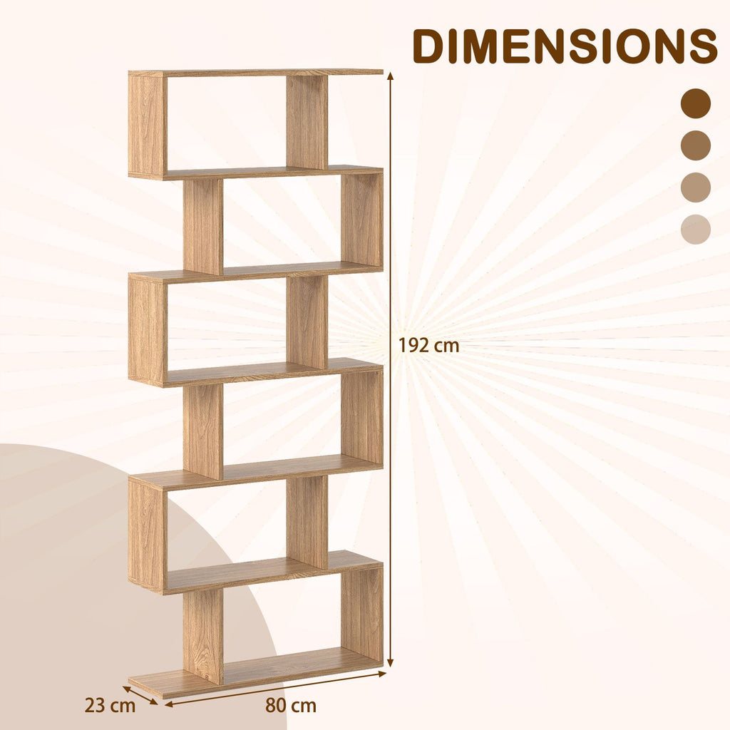 6-Tier S-Shaped Wooden Industrial Bookshelf