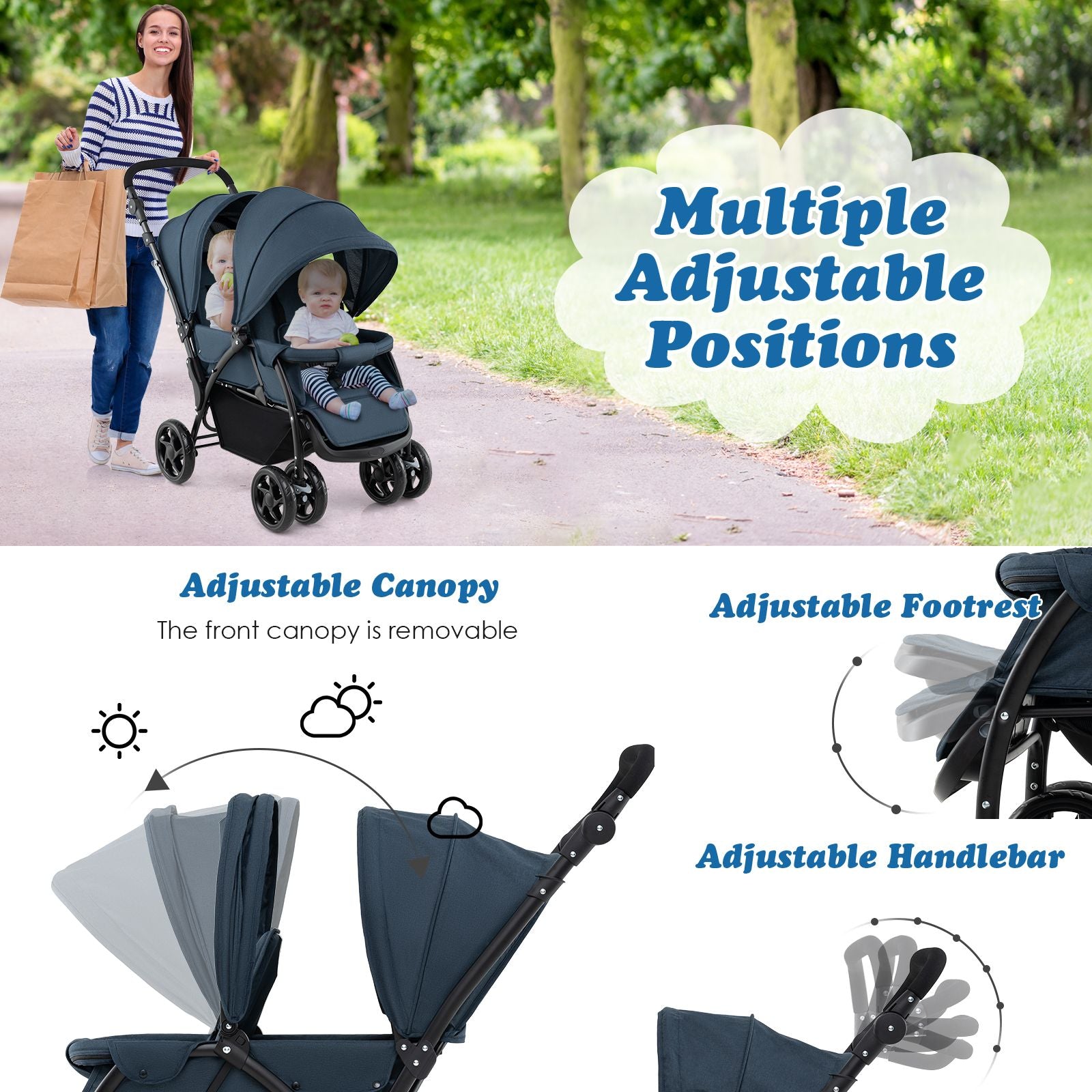 Double Pushchair with Adjustable Backrest and Sunshade