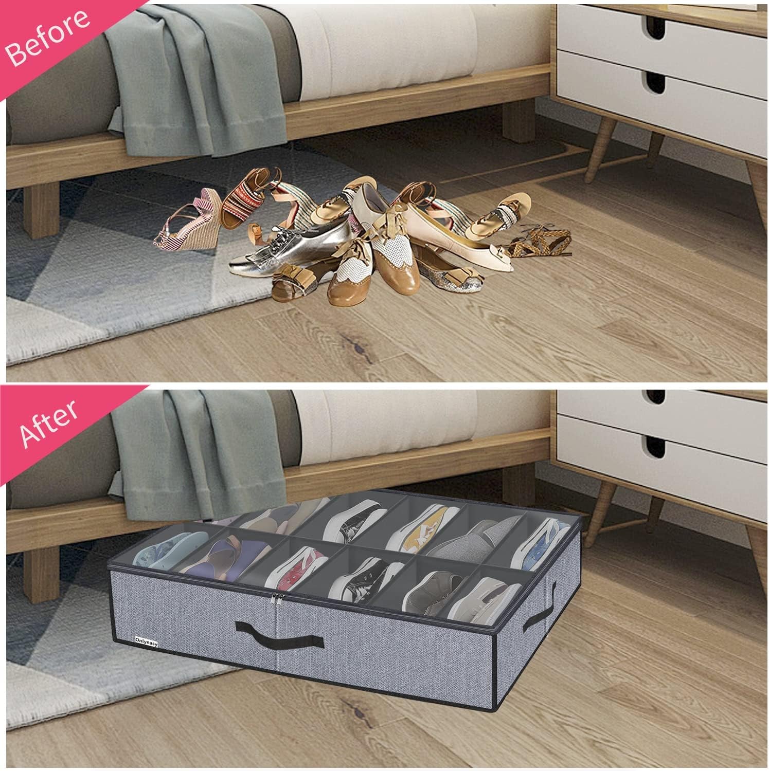 Large under Bed Shoe Organizer (6 to 12 Pairs X 2) - Underbed Shoes Closet Storage Solution with Metal Zipper and 2 Handles, Breathable, 29.3"X23.6"X5.9", Linen-Like Grey, MXDUBSB2P