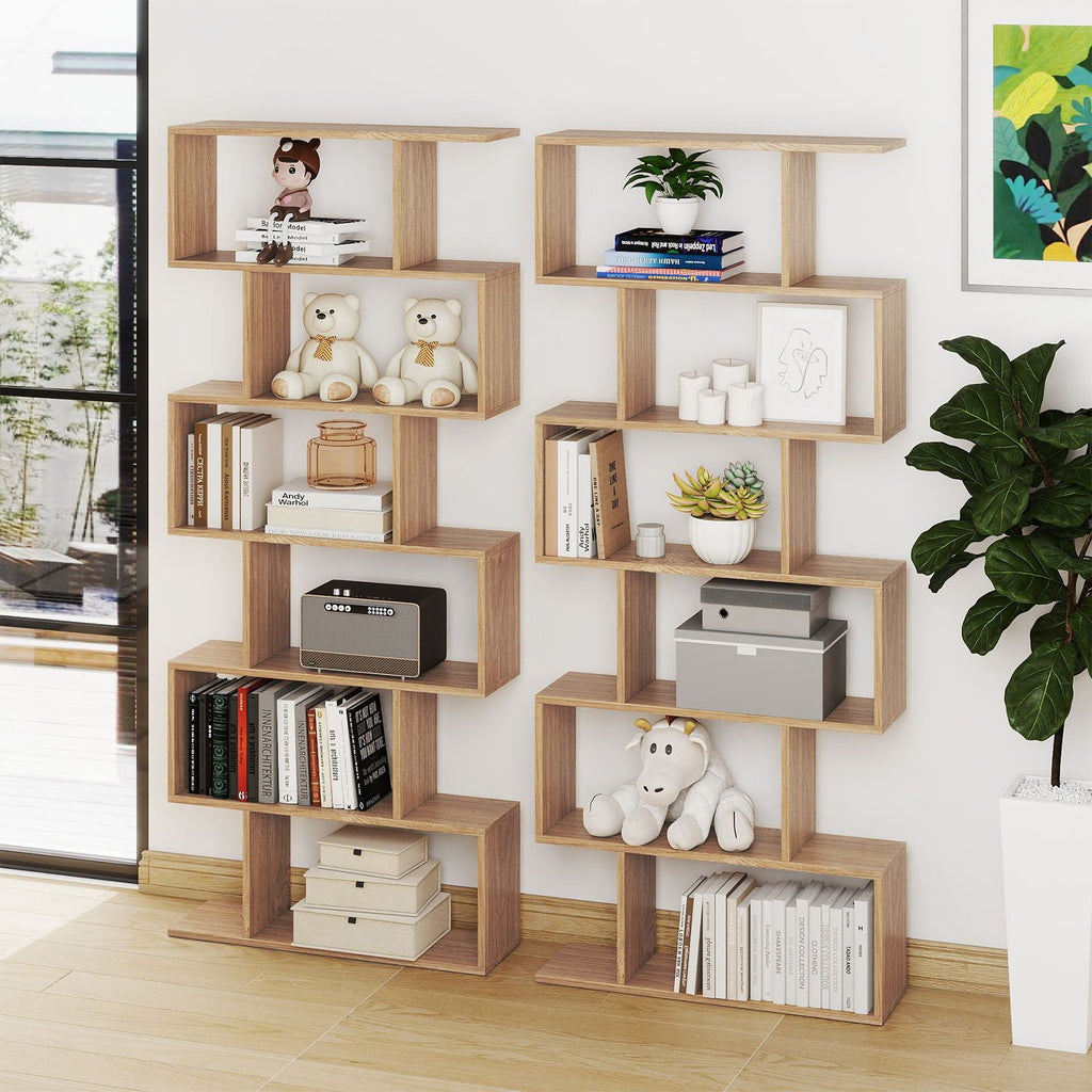 6-Tier S-Shaped Wooden Industrial Bookshelf