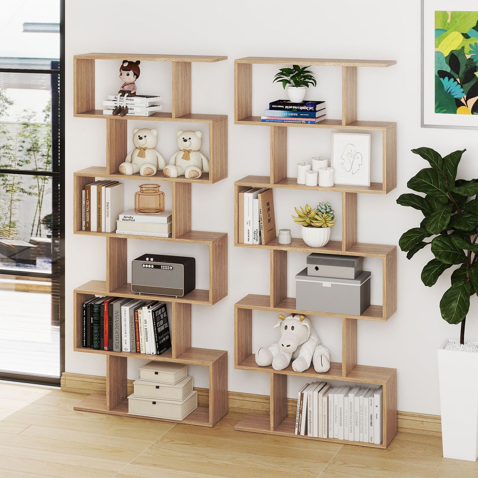 6-Tier S-Shaped Wooden Industrial Bookshelf