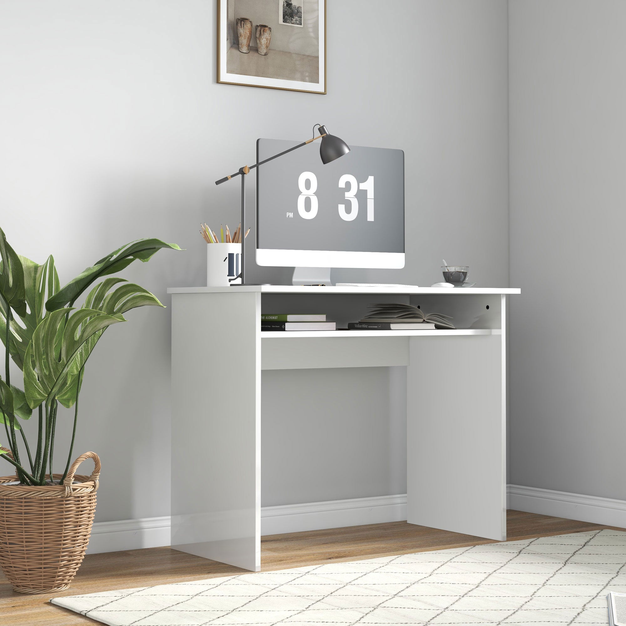 Writing Desk Laptop Table Workstation with Shelf Home Office High Gloss White
