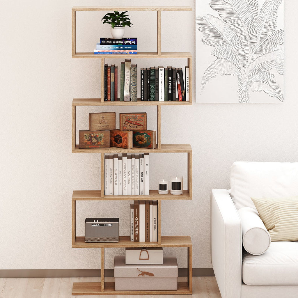 6-Tier S-Shaped Wooden Industrial Bookshelf