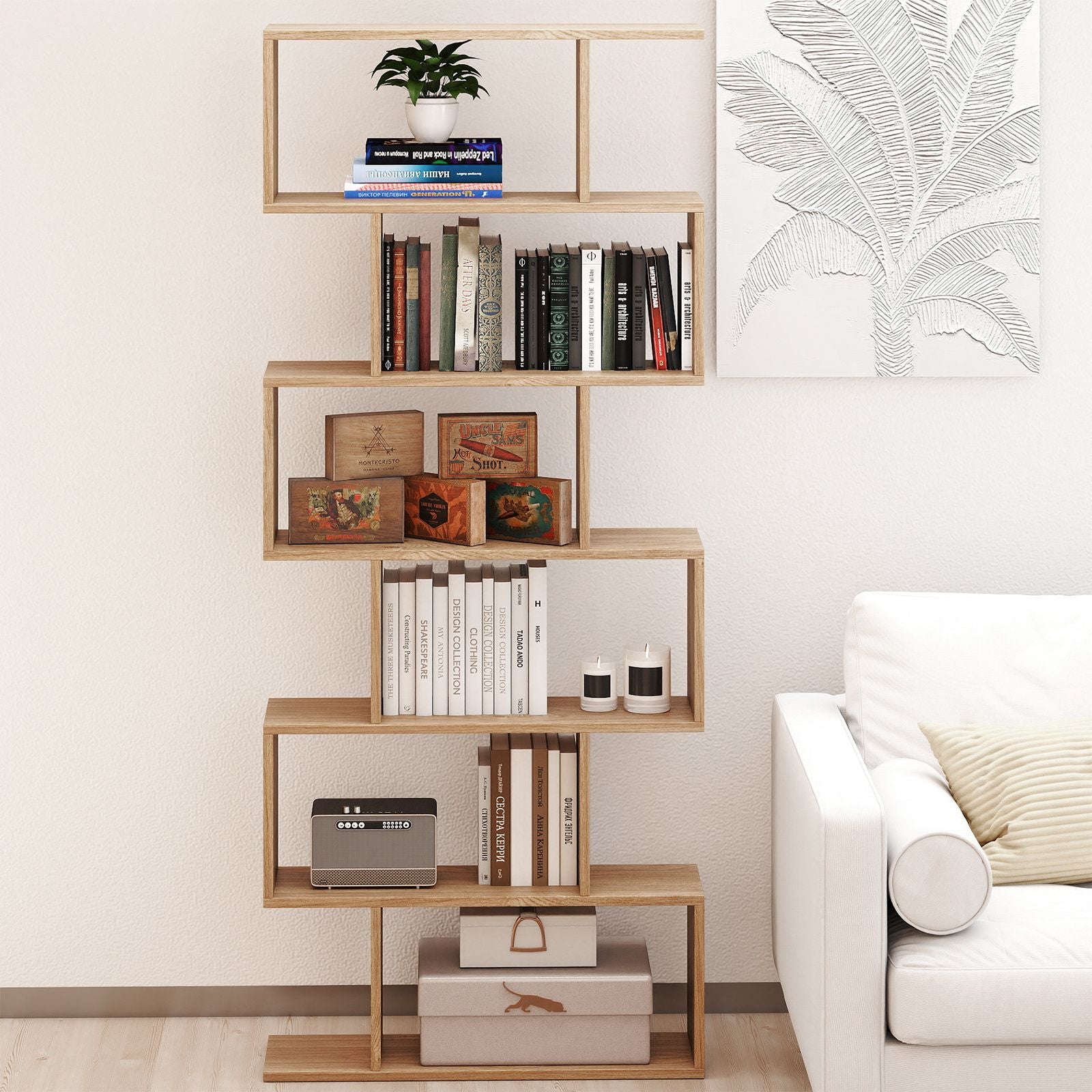 6-Tier S-Shaped Wooden Industrial Bookshelf