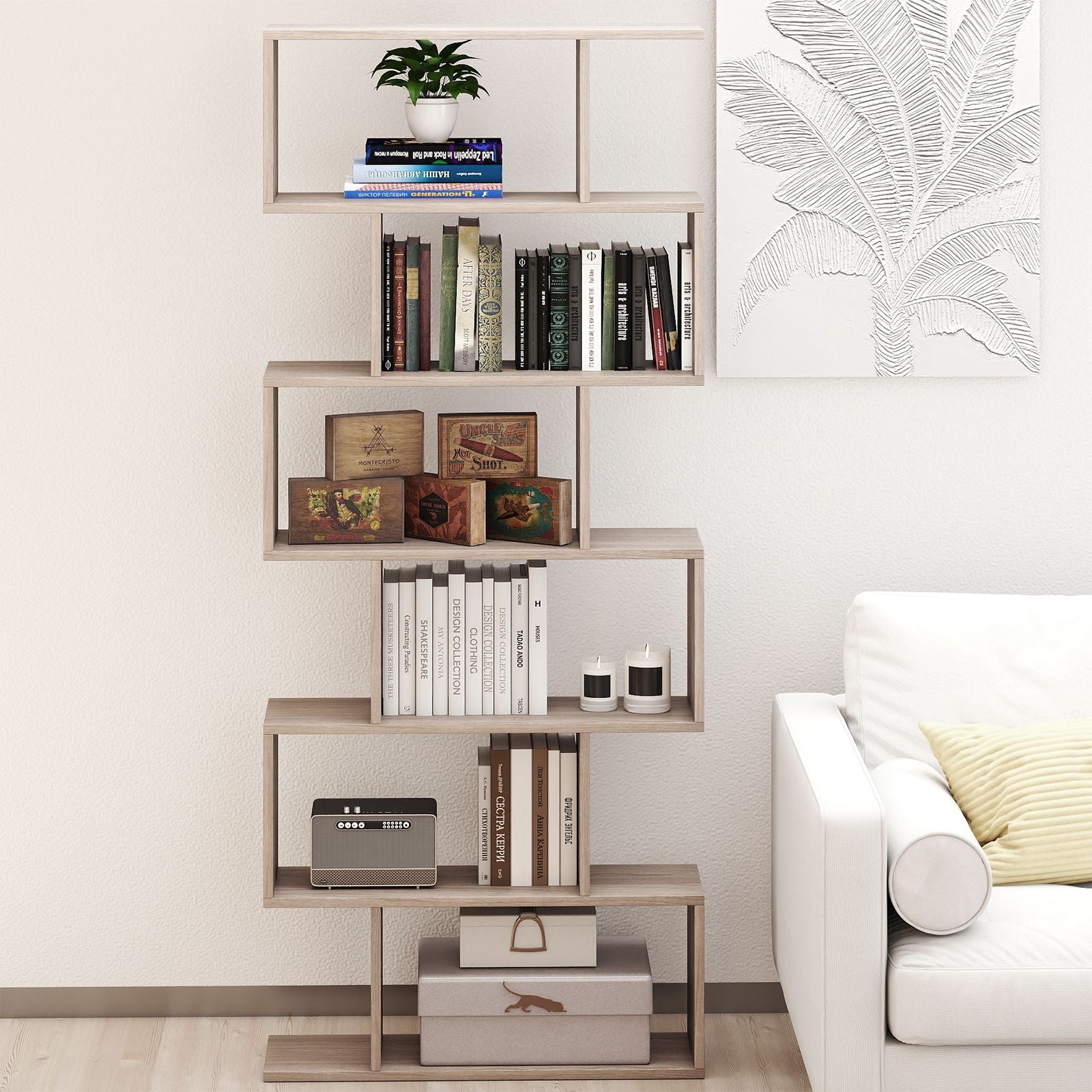 6-Tier S-Shaped Wooden Industrial Bookshelf