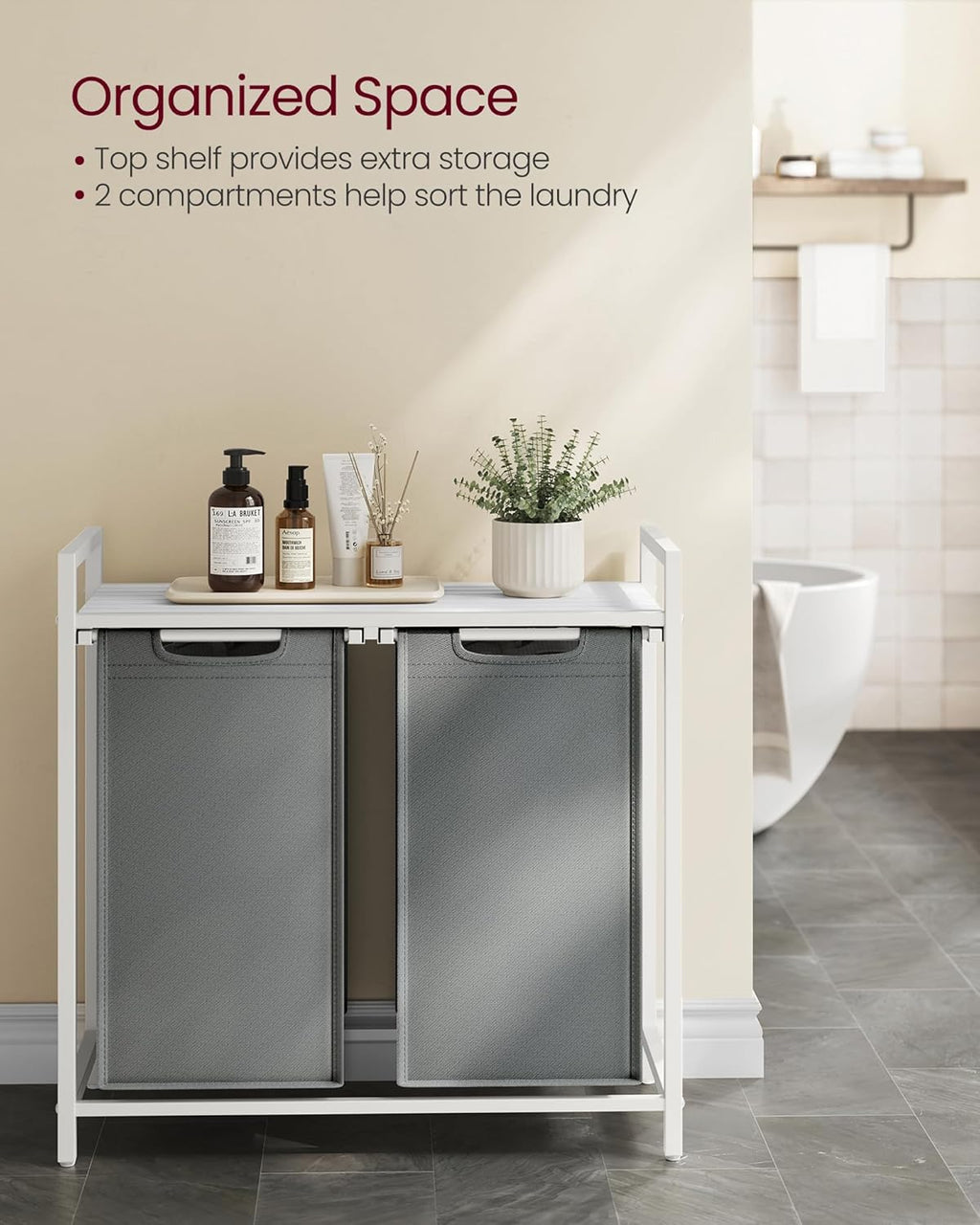 Laundry Hamper, Laundry Basket, Laundry Sorter with 2 Pull-Out and Removable Bags, Shelf, Metal Frame, 2 X 12.1 Gallons (46 L), 28.8 X 13 X 28.4 Inches, Slate Gray and Cloud White UBLH201W11