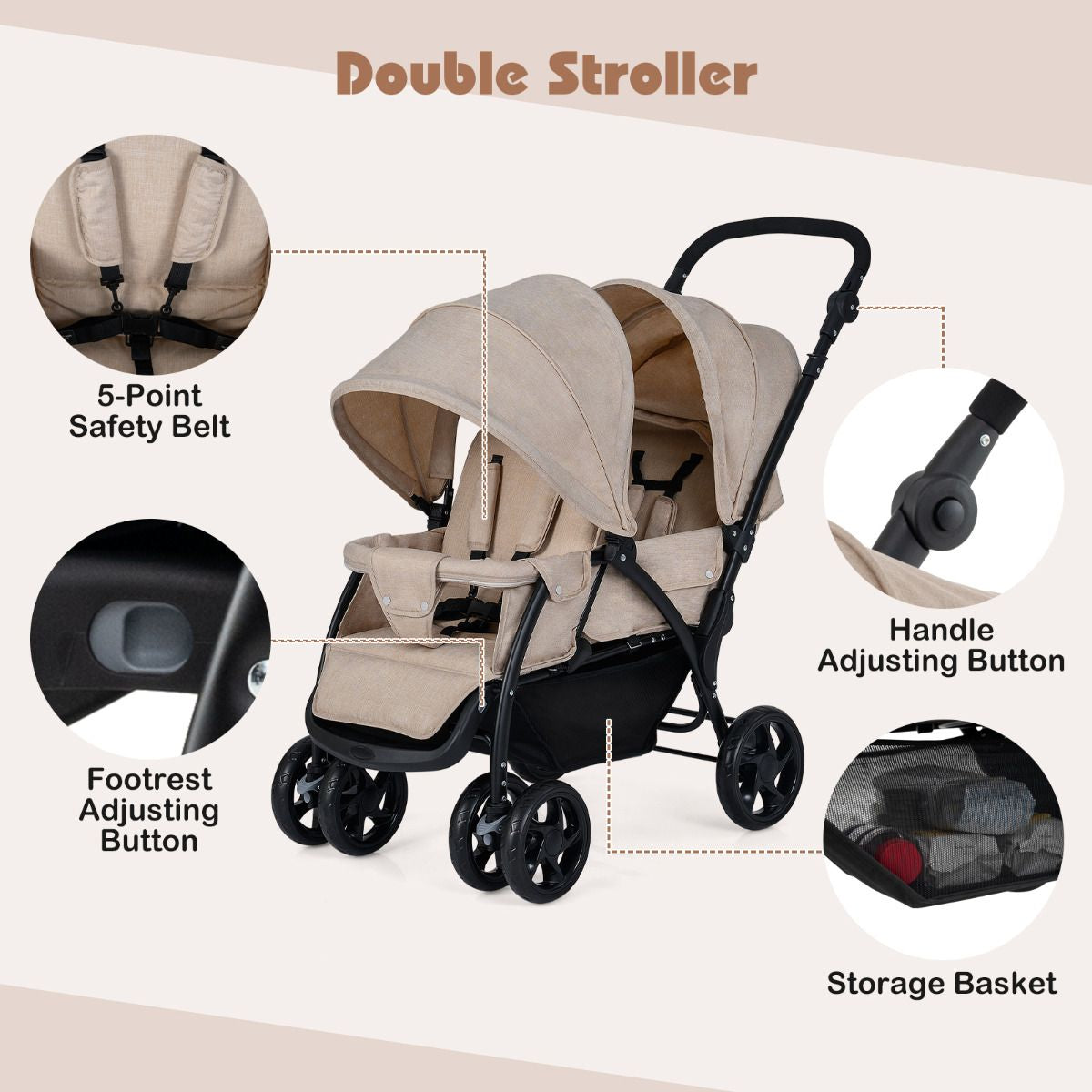 Double Pushchair with Adjustable Backrest and Sunshade