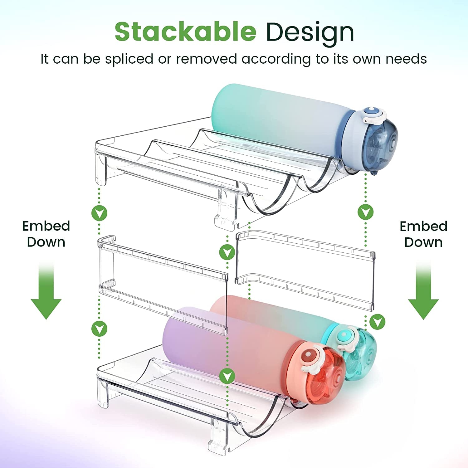 Water Bottle Organizer, 2 Packs, Clear Lucite, Stackable, Space Saving Plastic, Easy to Install, Countertop Mounting