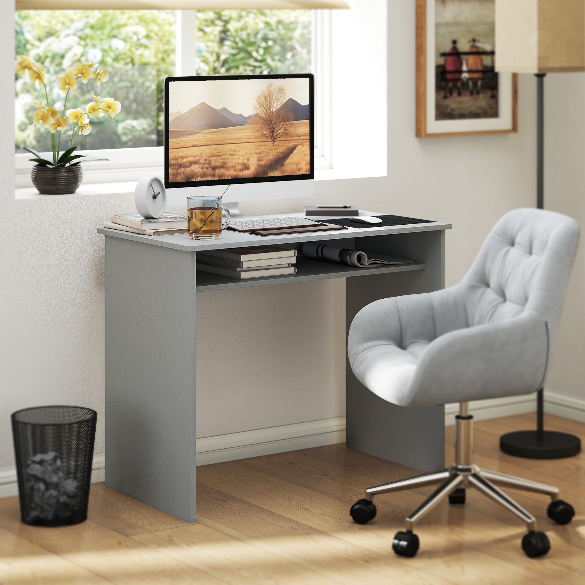 Writing Desk Laptop Table Workstation with Shelf Home Office High Gloss White