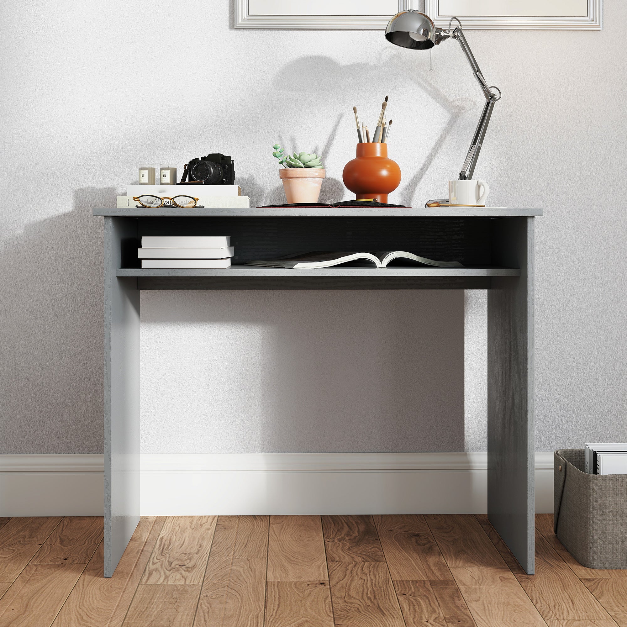 Writing Desk Laptop Table Workstation with Shelf Home Office High Gloss White