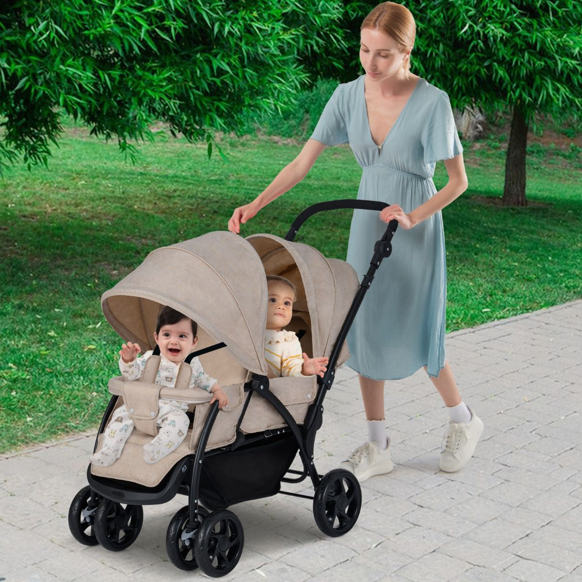 Double Pushchair with Adjustable Backrest and Sunshade
